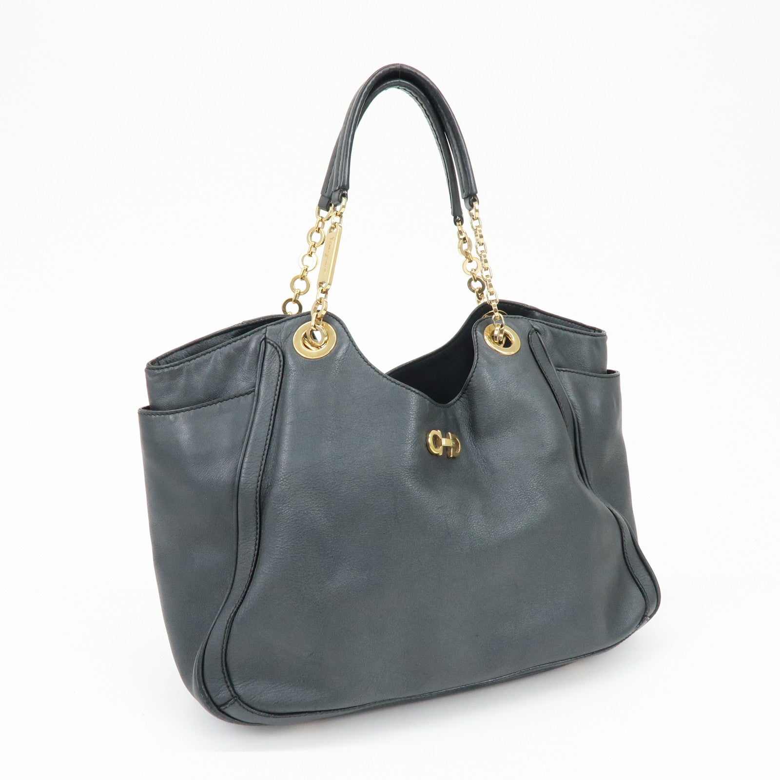 Ferragamo Gancini Leather Chain Tote Bag Shoulder Bag Black