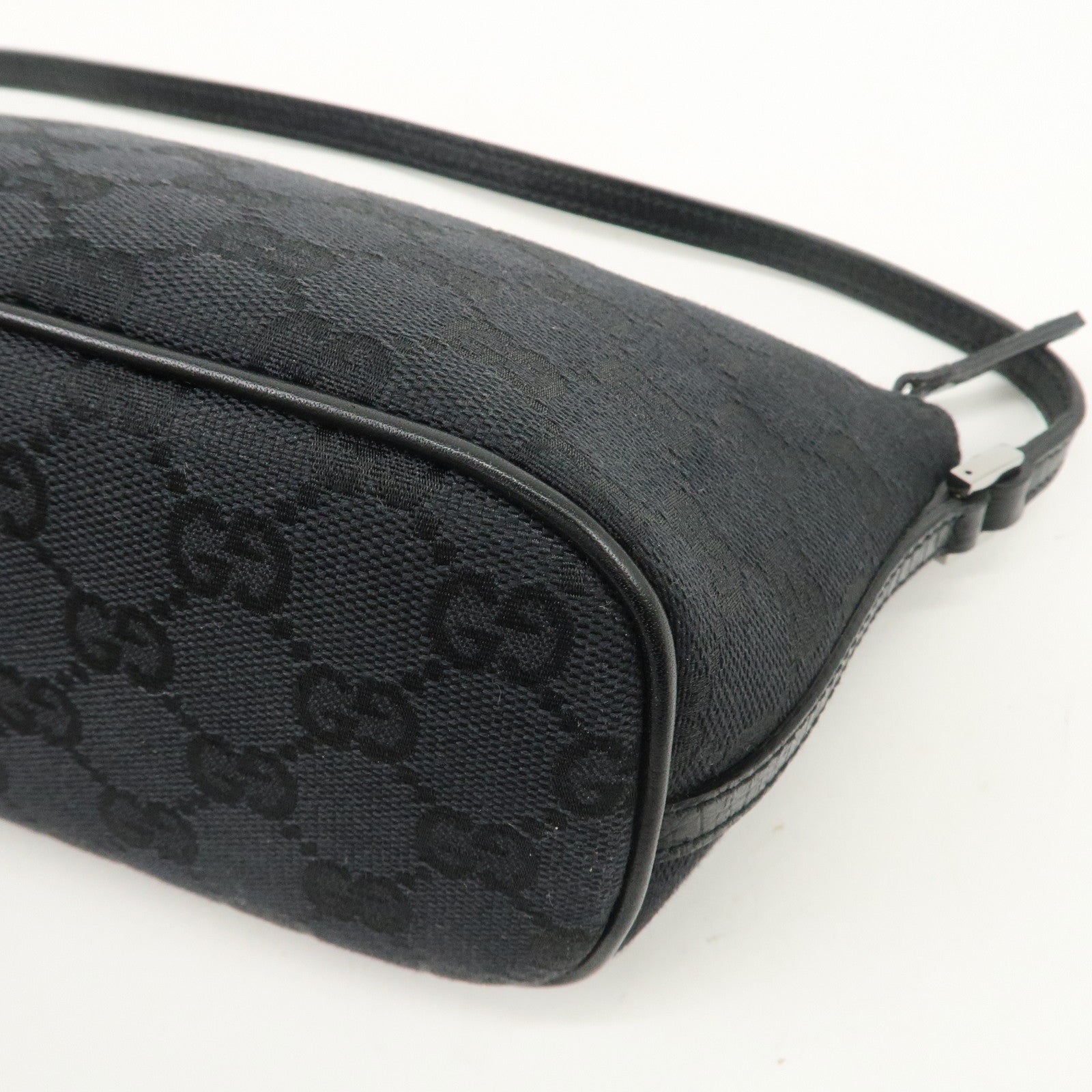 GUCCI Boat Bag GG Canvas Leather Hand Bag Black 07198 Used