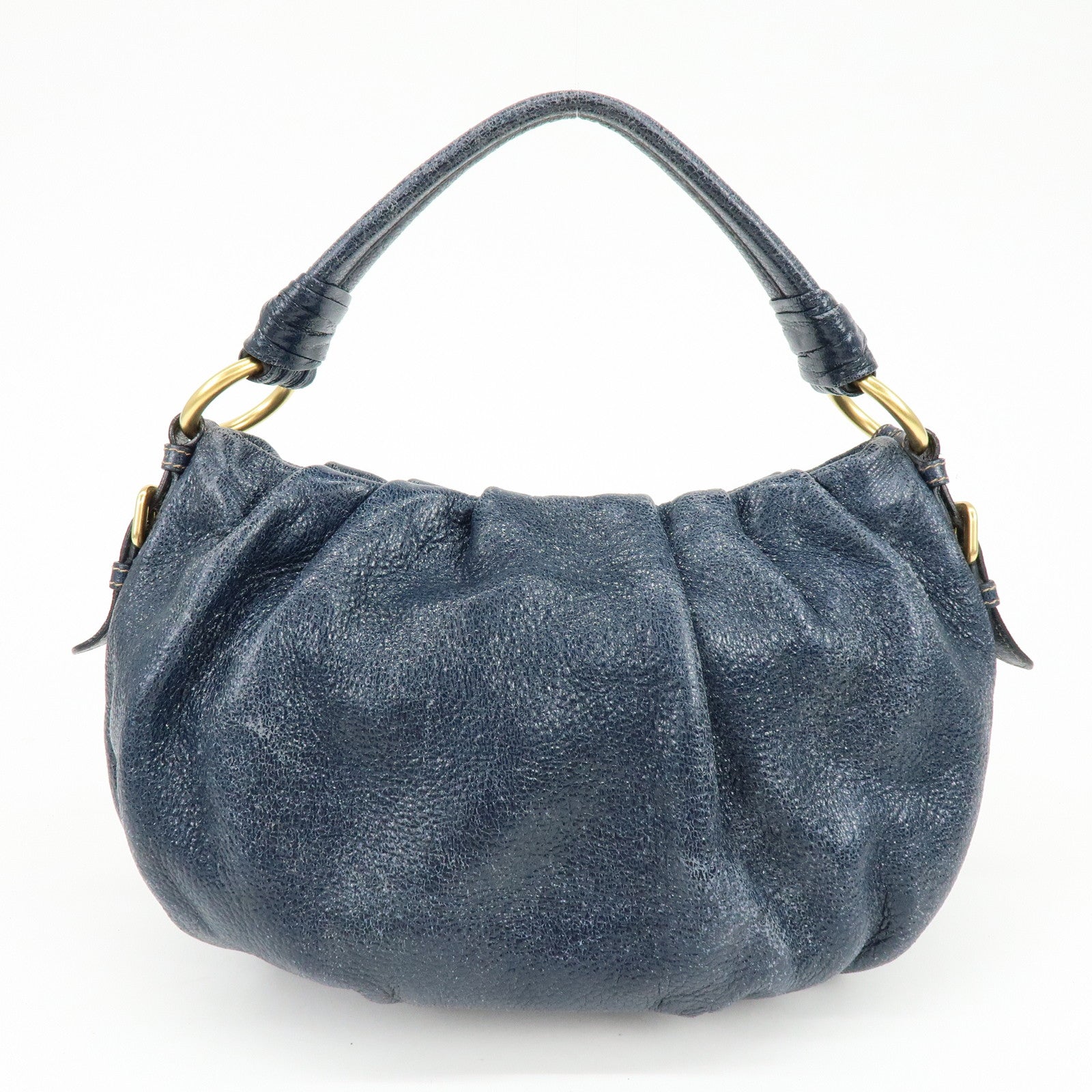 PRADA Logo Shiny Coated Leather Shoulder Bag Hand Bag Navy BR4070