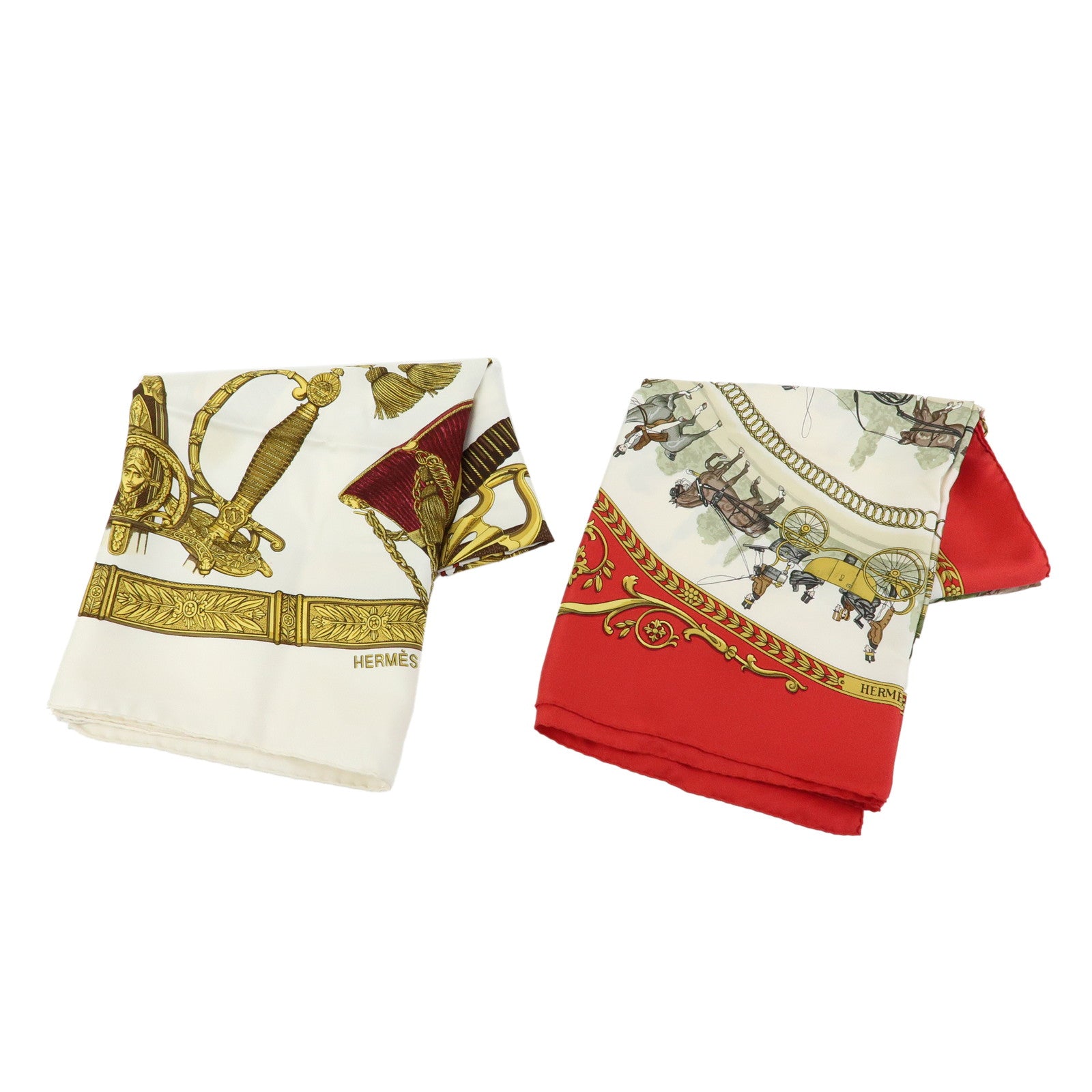 HERMES Carre 90 Set of 2 Silk 100% Scarf Gold Ivory Red