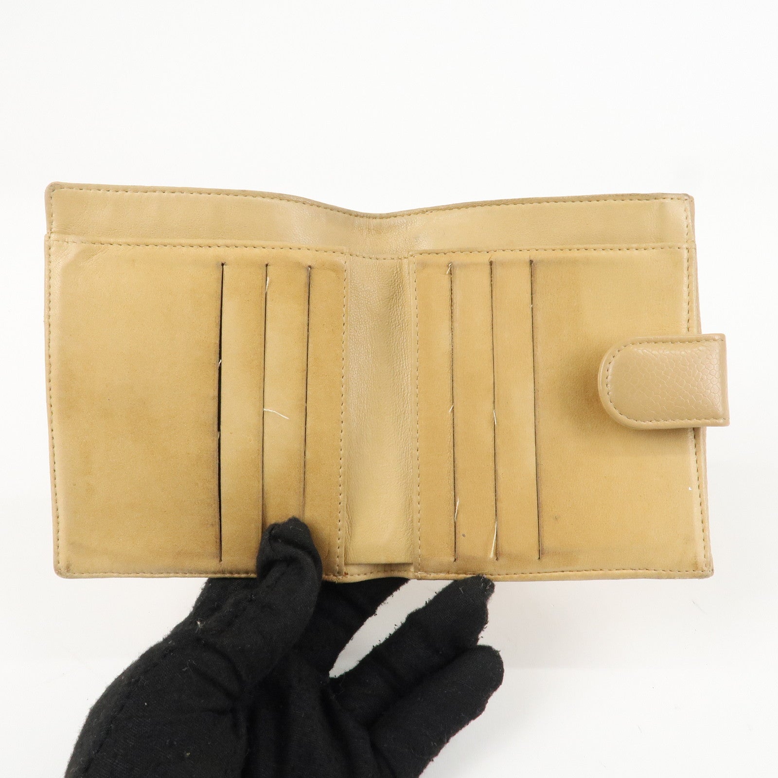 CHANEL COCO Mark Caviarskin W Hook Bi-fold Wallet Beige Used