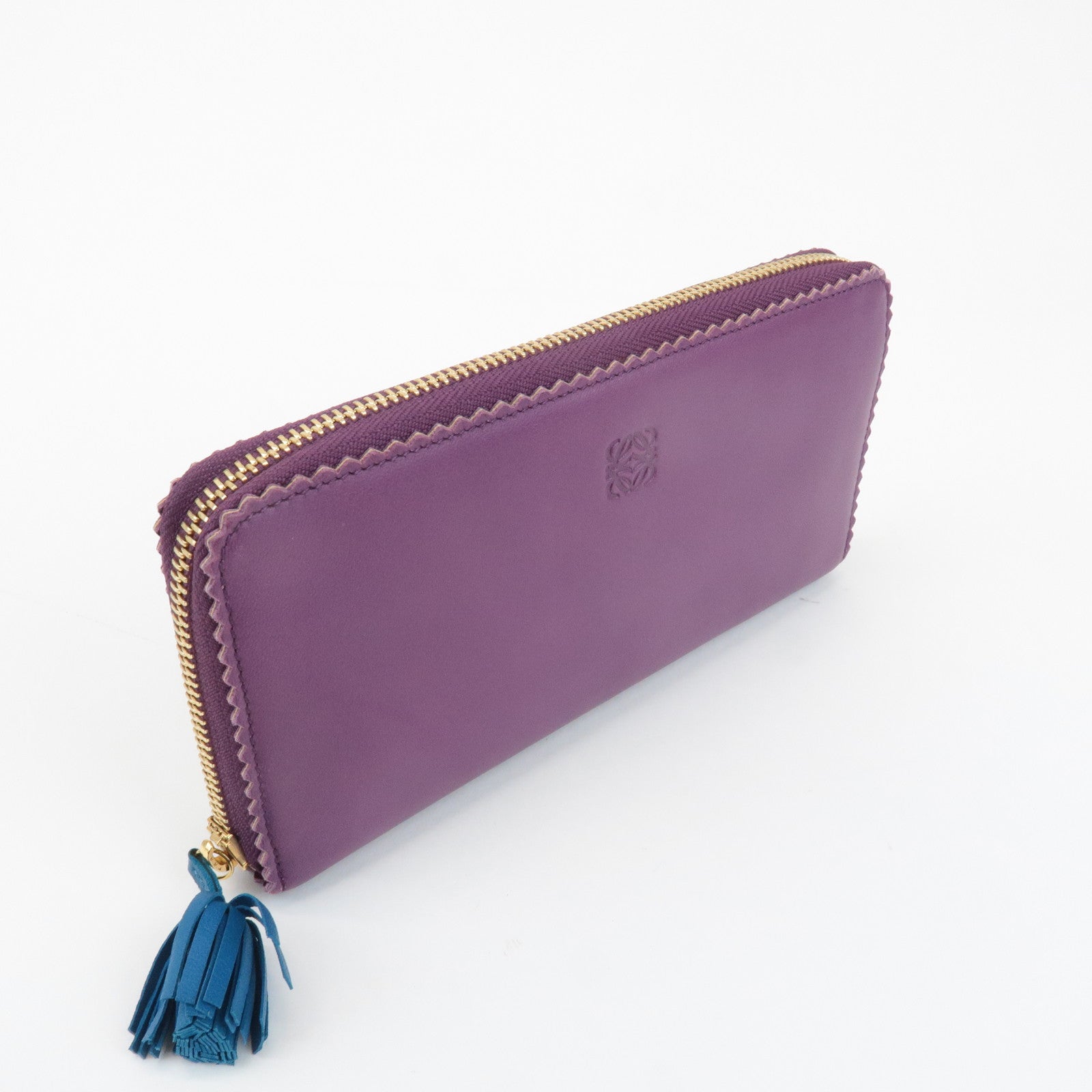 LOEWE Anagram Leather Round Zippy Long Wallet Purple Gold HDW Used