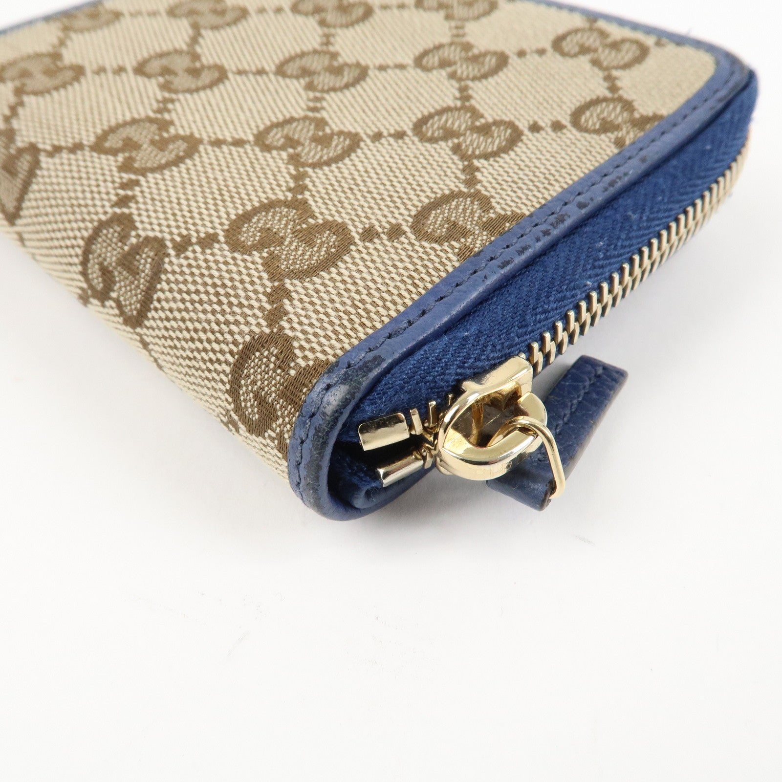 GUCCI GG Canvas Leather Bi-Fold Wallet Beige Blue 346056 Used