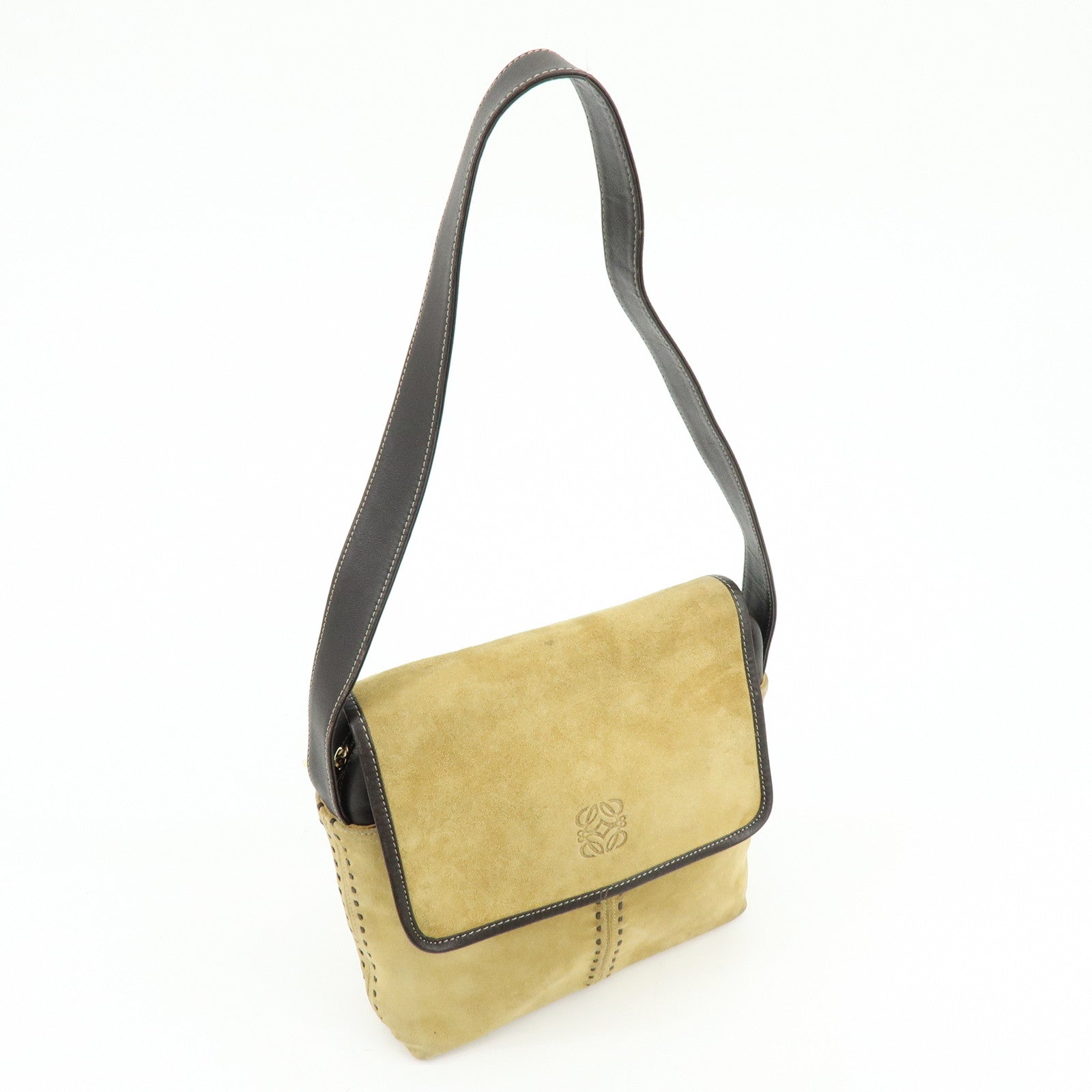LOEWE Anagram Suede Leather Shoulder Bag Crossbody Bag Beige