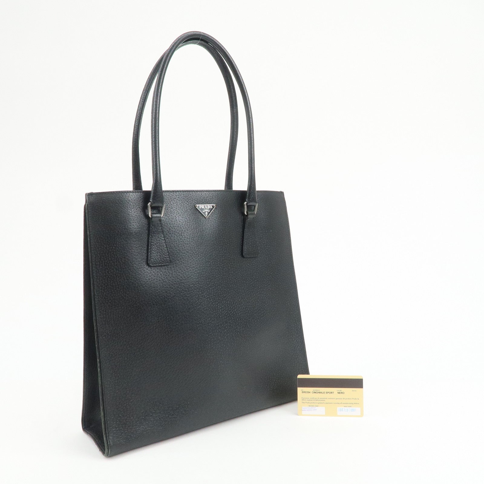 PRADA Triangle Logo Leather Tote Bag Shoulder Bag Black BR0394