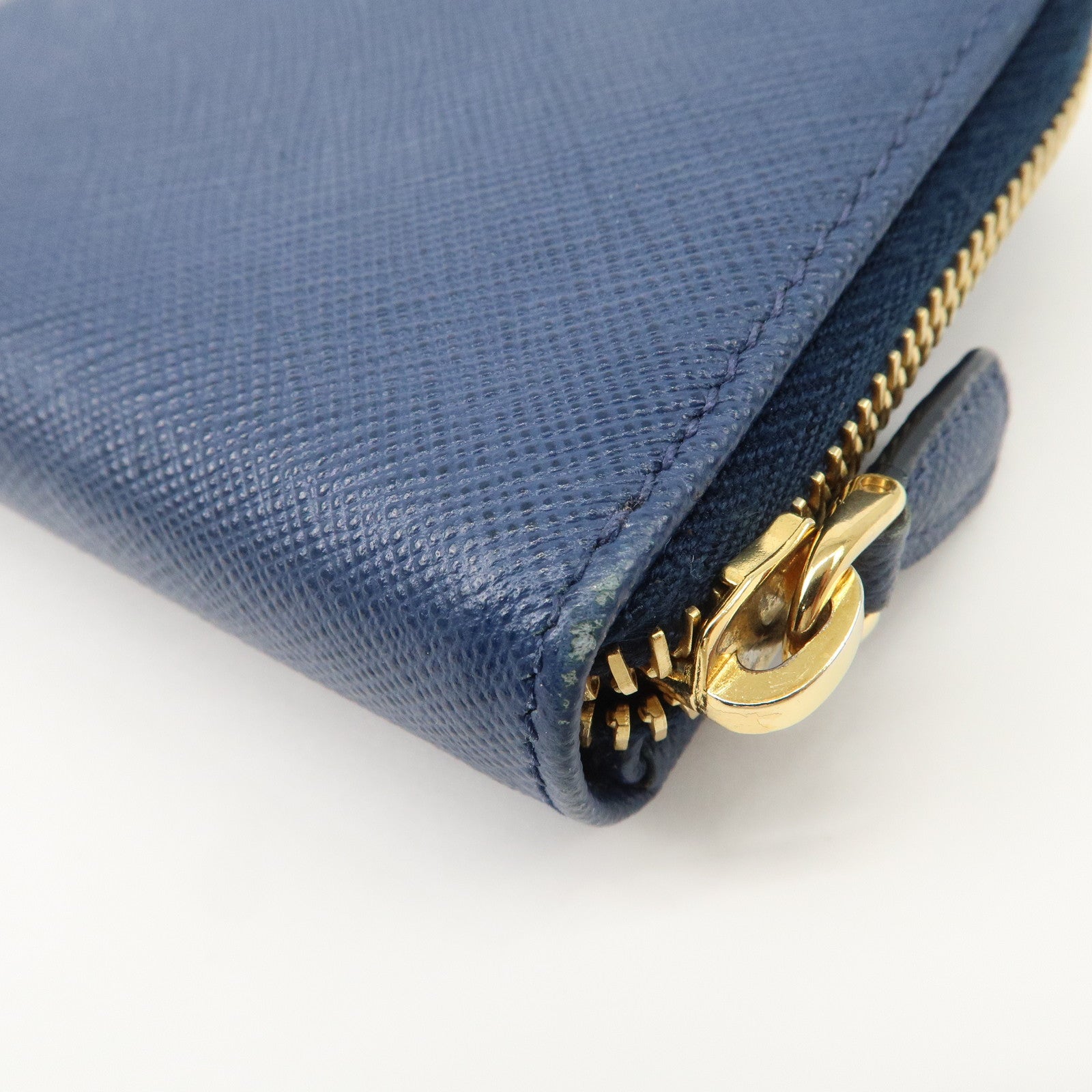 PRADA Logo Leather Round Zippy Bi-fold Wallet Blue 1ML522 Used