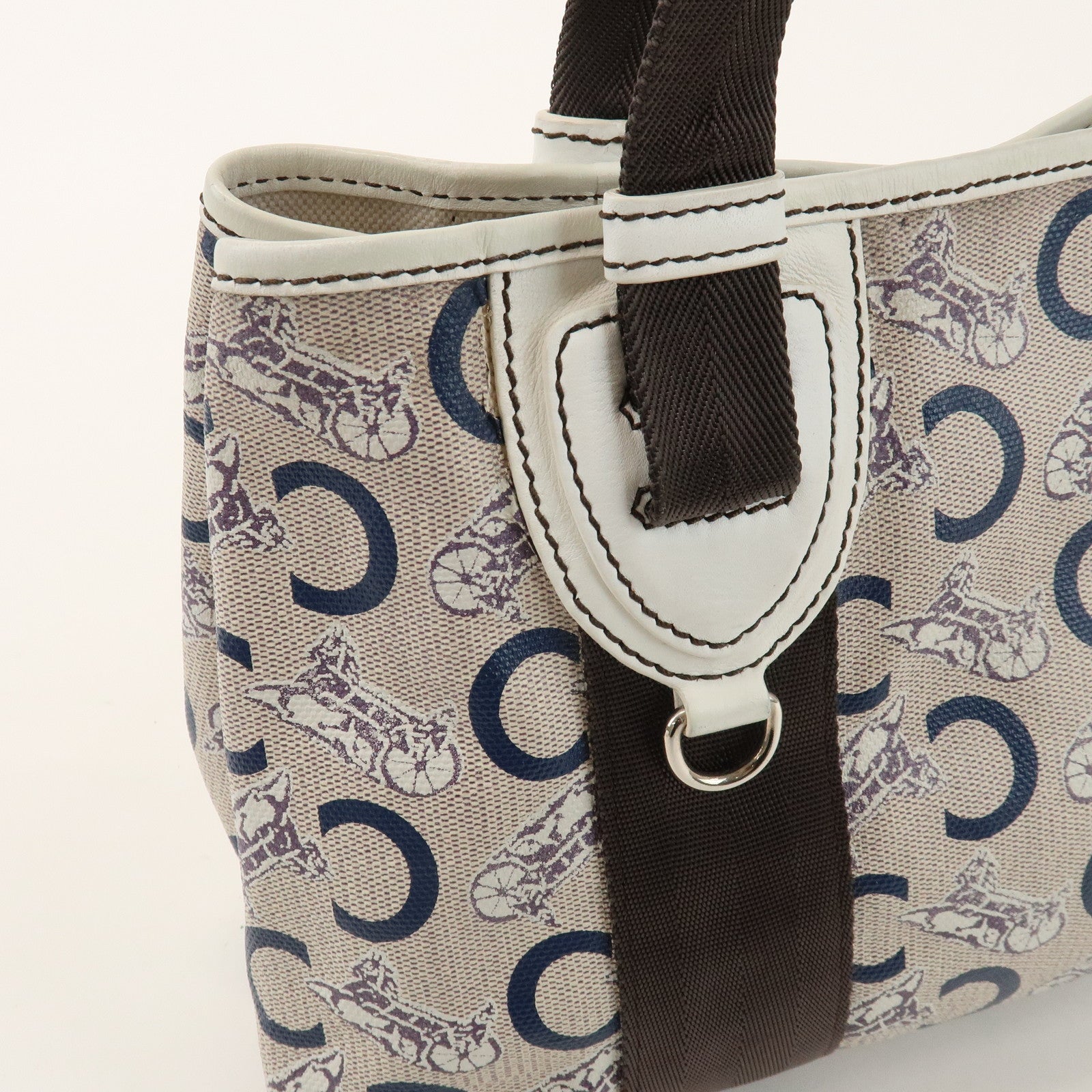 CELINE C Macadam PVC Nylon Leather Tote Bag Hand Bag Brown Beige