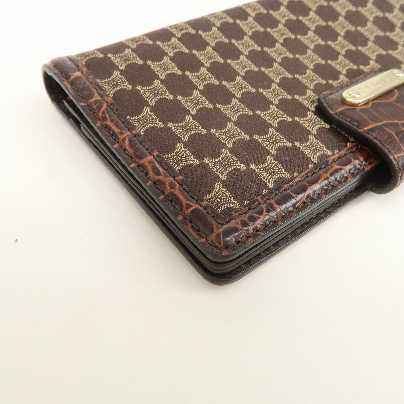 CELINE Macadam Canvas Leather Flap Long Wallet Brown