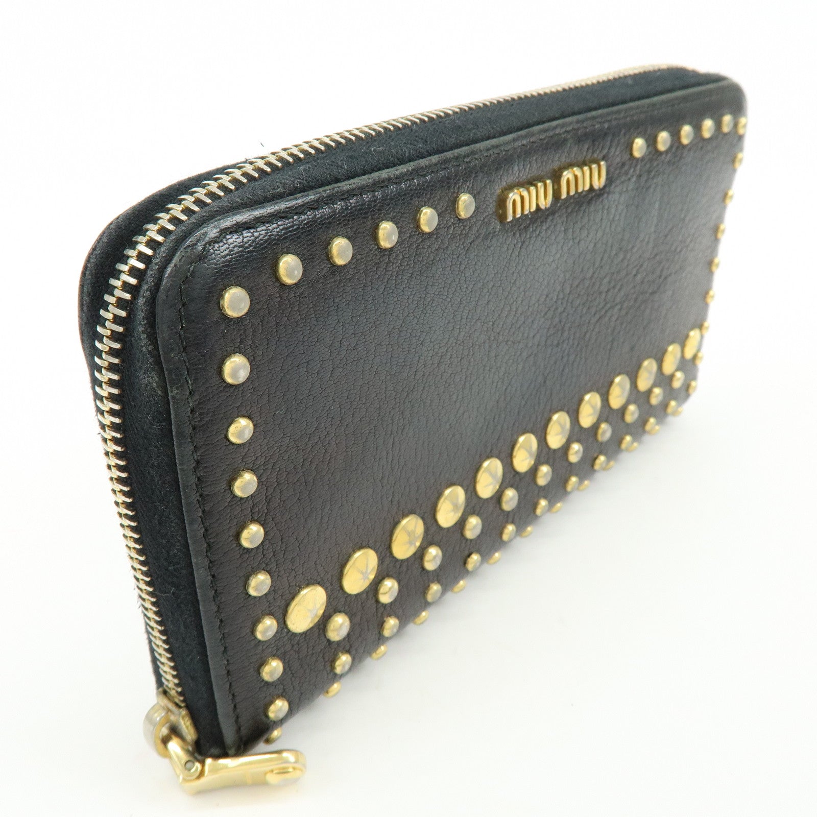 MIU MIU Logo Leather Studs Zippy Long Wallet Black 5M0506