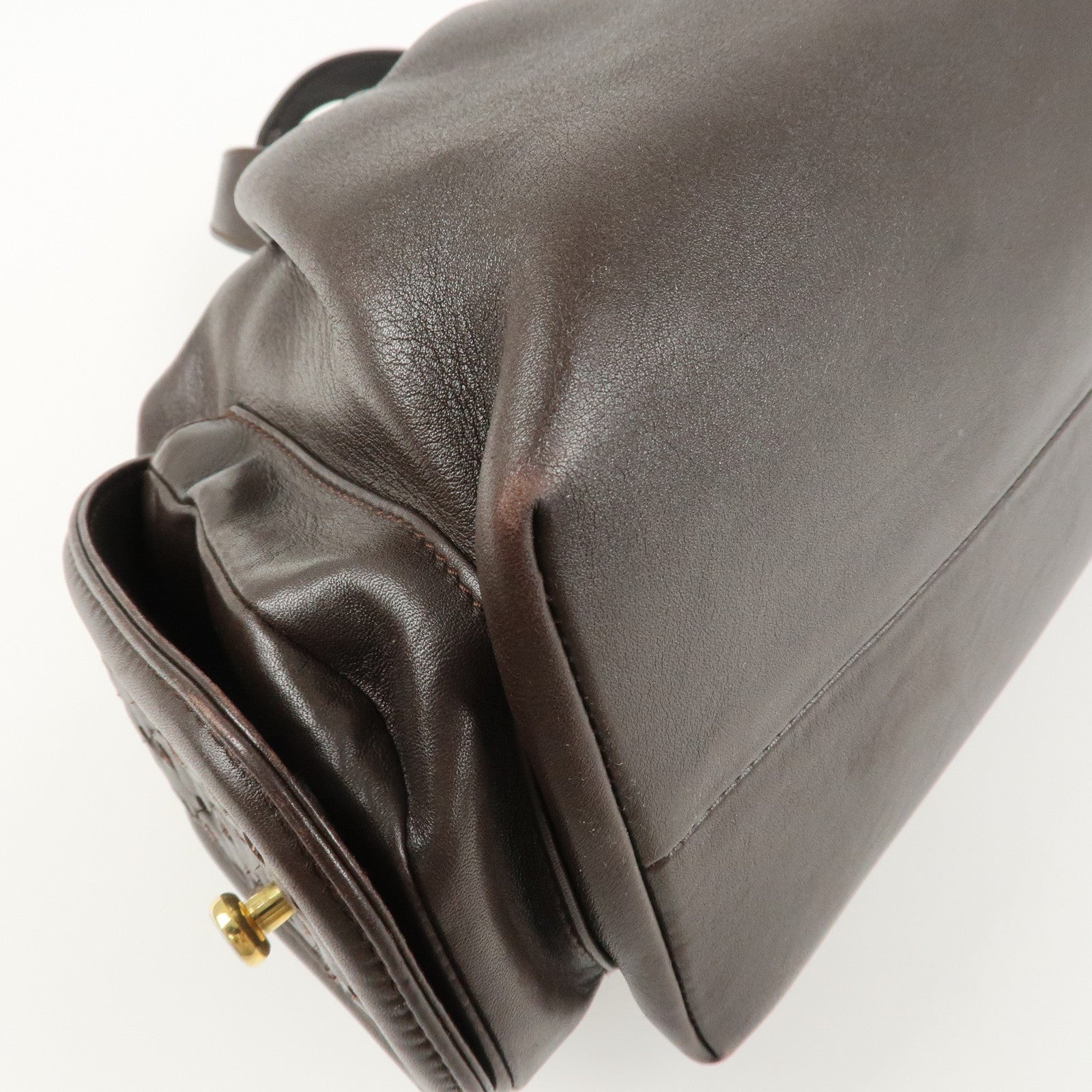 BVLGARI Leoni Leather Hand Bag Boston Bag Brown Gold Hardware Used