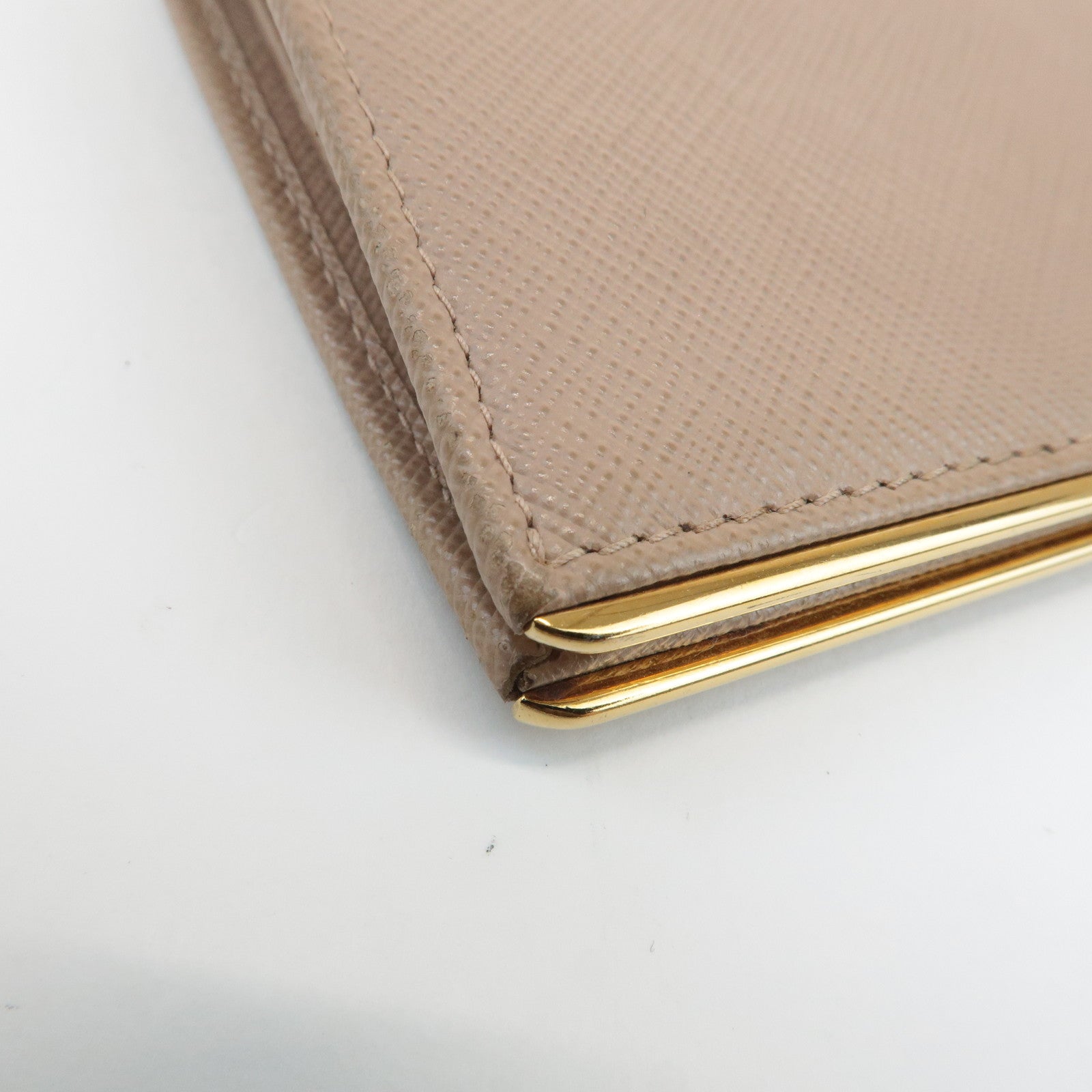 PRADA Logo Saffiano Leather Bi-Fold Small Wallet Beige 1MV204 Used