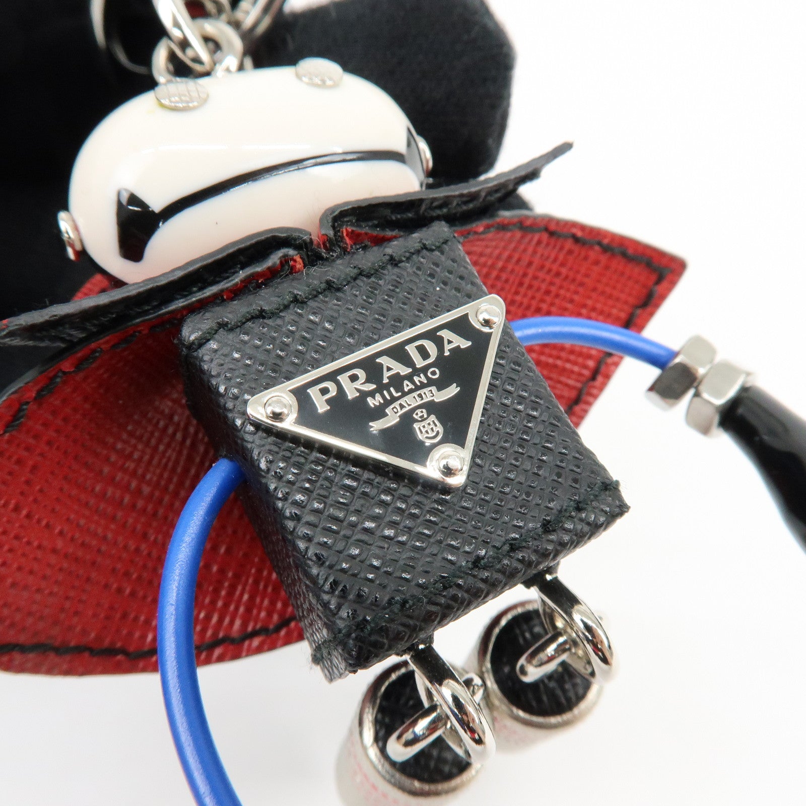 PRADA Triangle Logo Metal Saffiano Leather Bag Key Charm Black Red