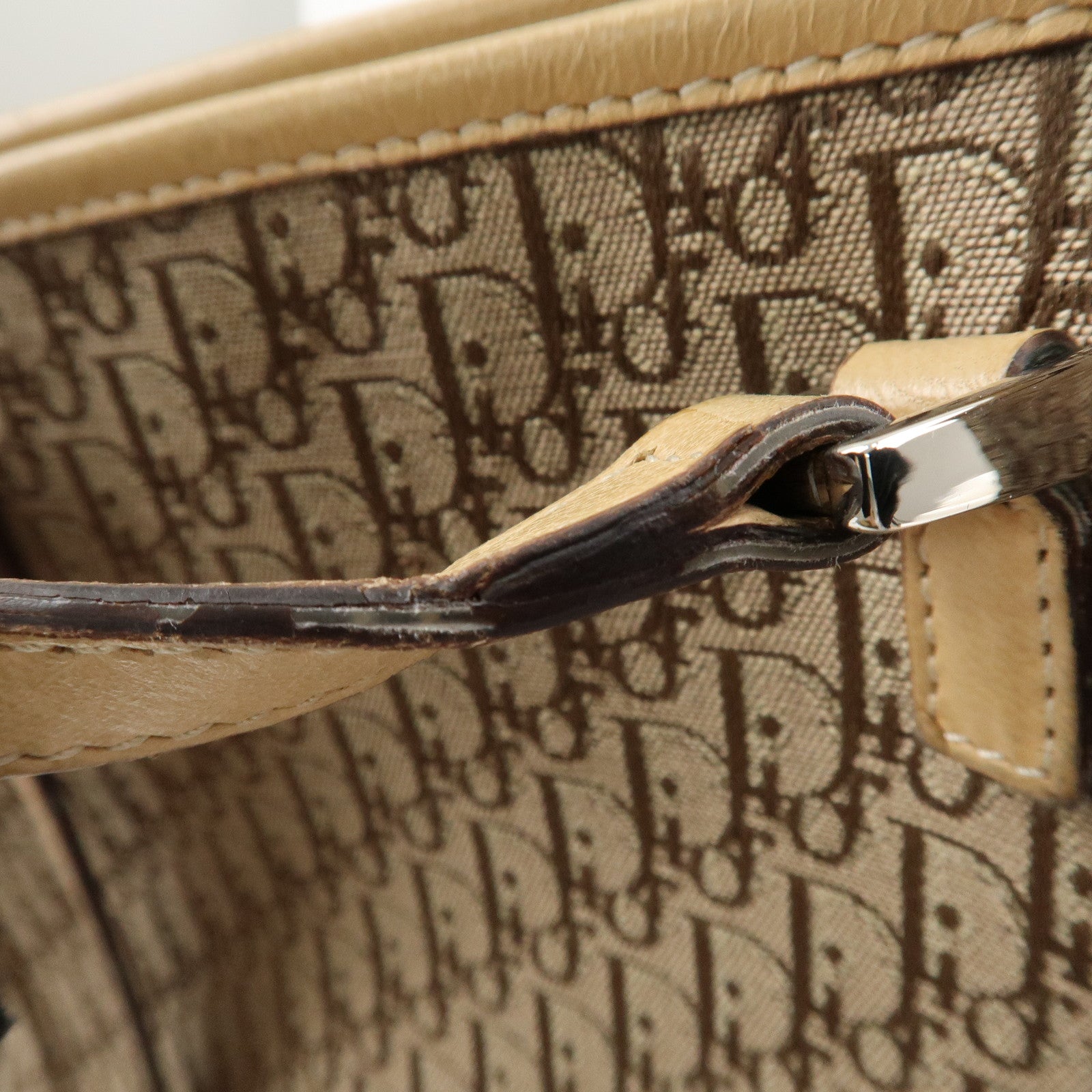 Christian Dior Trotter Leather Canvas Tote Bag Shoulder Bag Beige