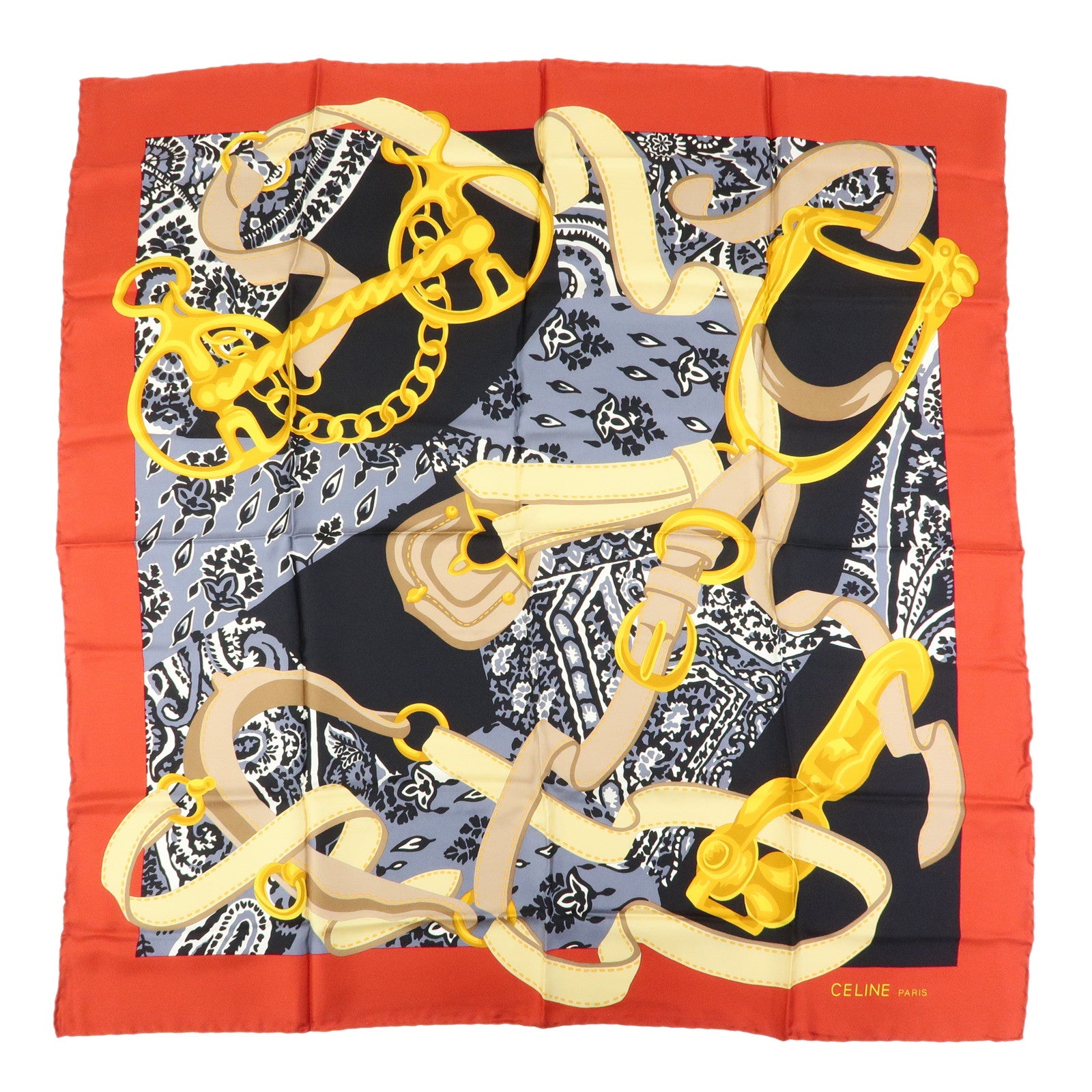 CELINE Silk 100% Scarf Flower Belt Motif Black Red Gold