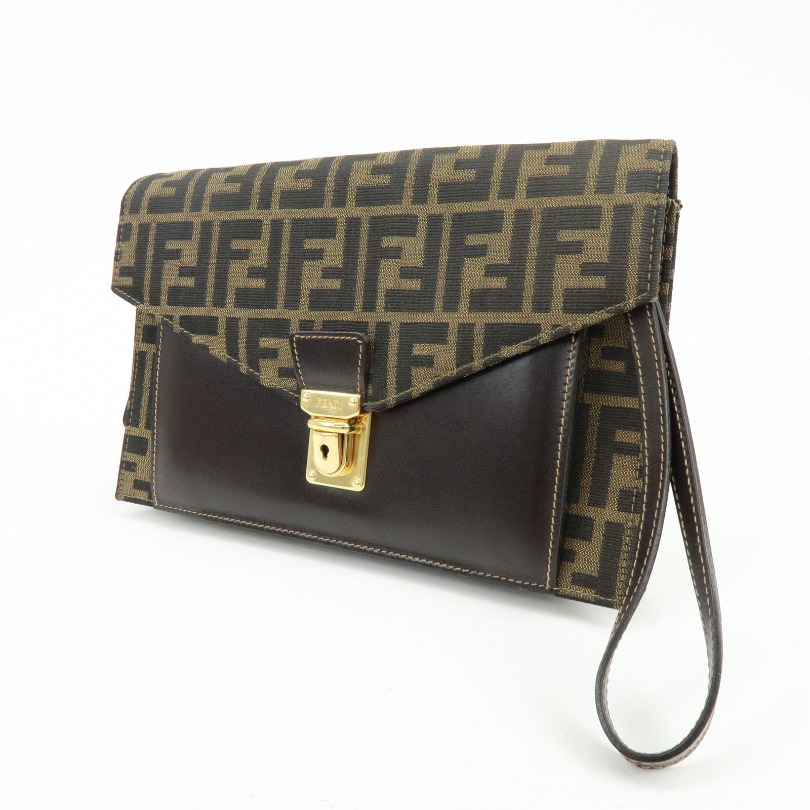 FENDI Zucca Canvas Leather Wrist Bag Clutch Bag Pouch Brown Black