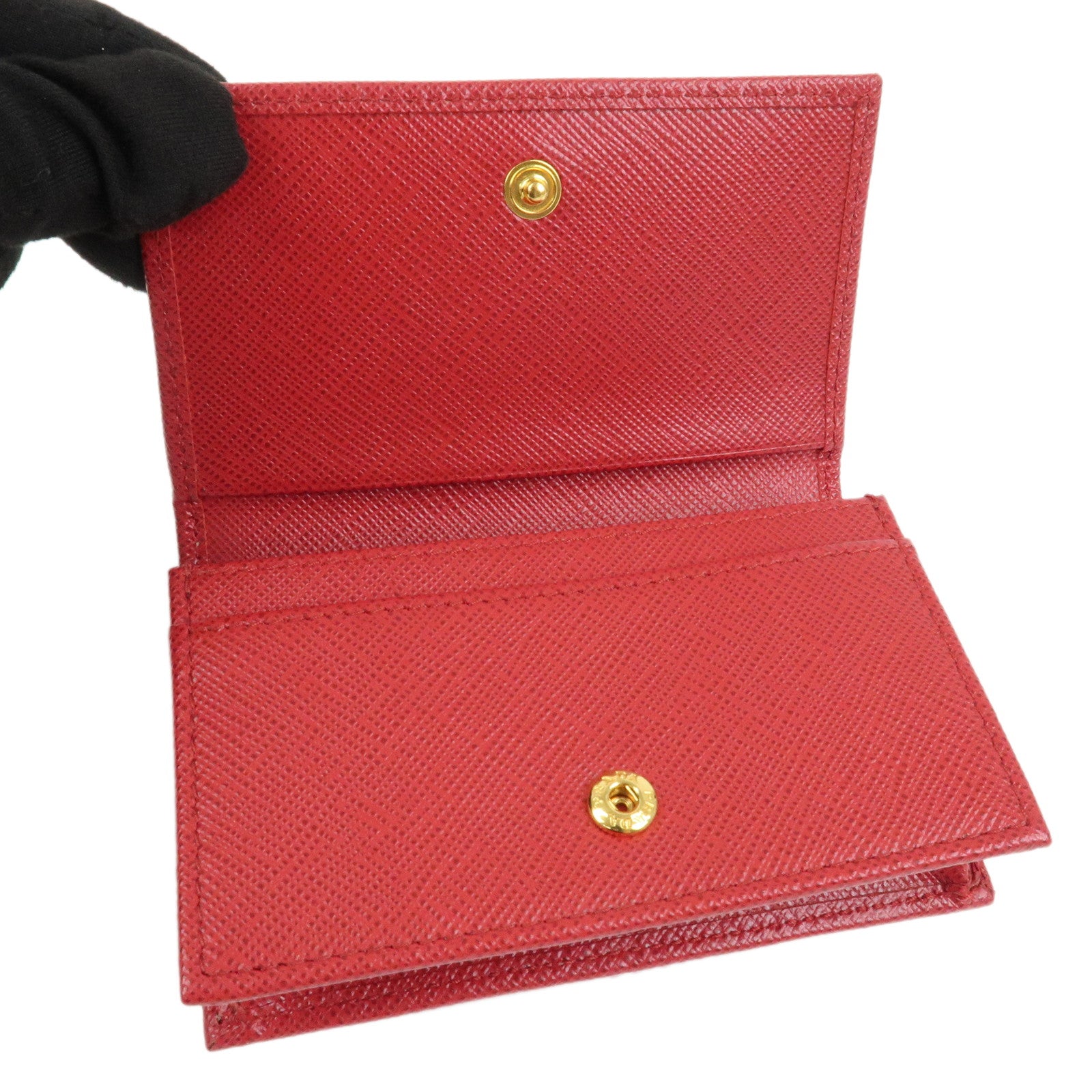 PRADA Logo Saffiano Leather Card Case Red Gold 1MC122