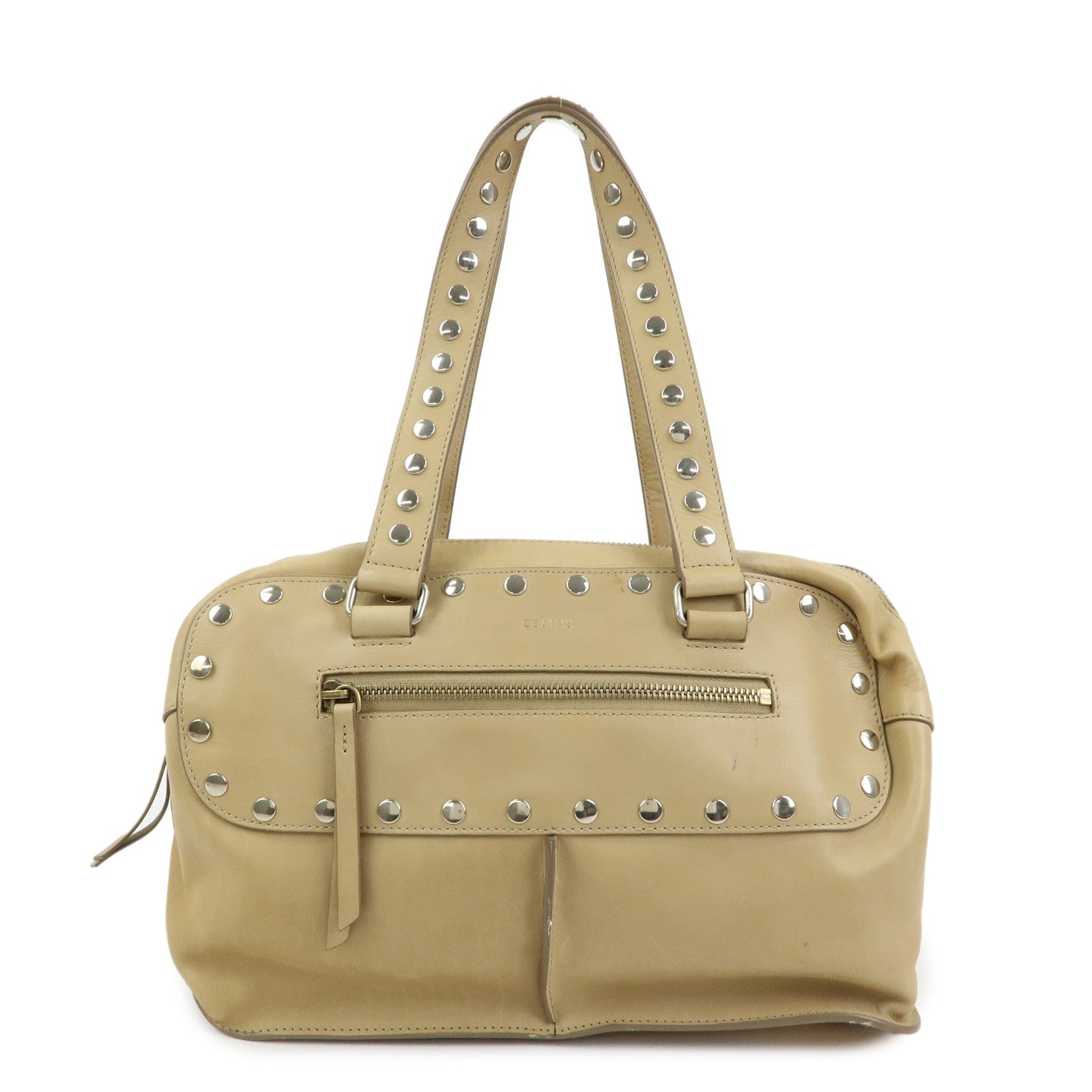 CELINE Leather Hand Bag Bowling Bag Beige Studs