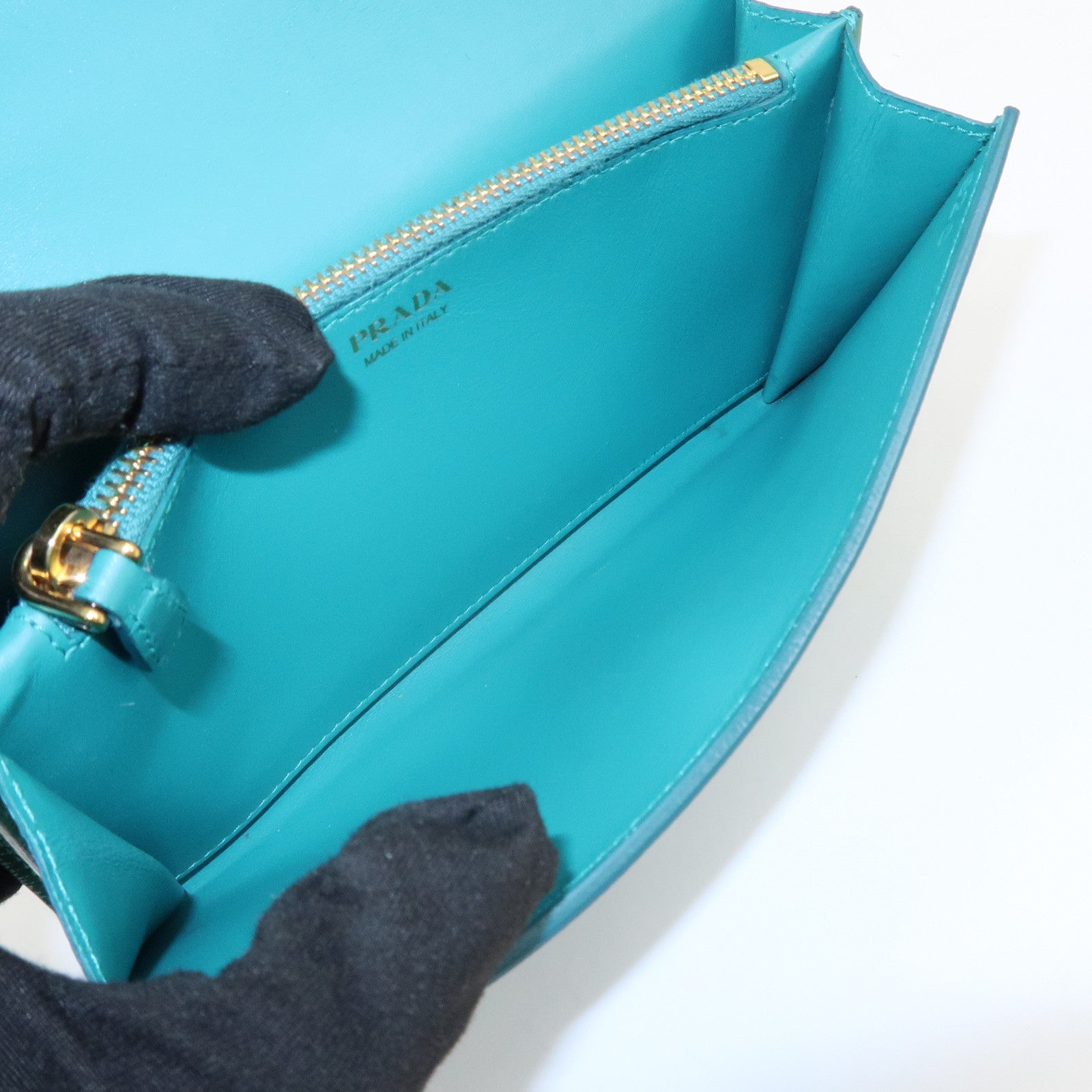 PRADA Triangle Logo Patent Leather Bi-Fold Long Wallet Green