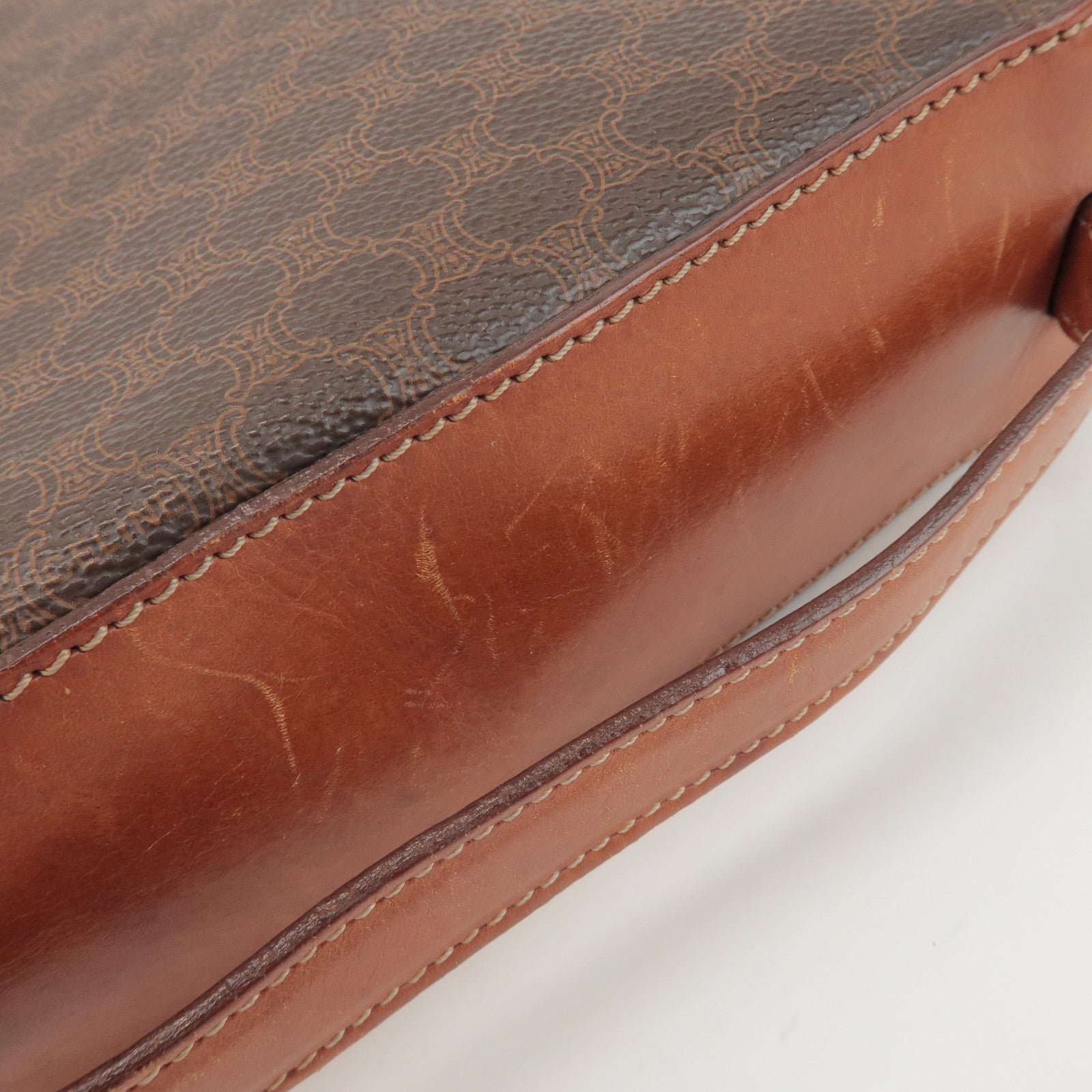 CELINE Macadam PVC Coated Canvas Leather Hand Bag Vanity Bag Brown