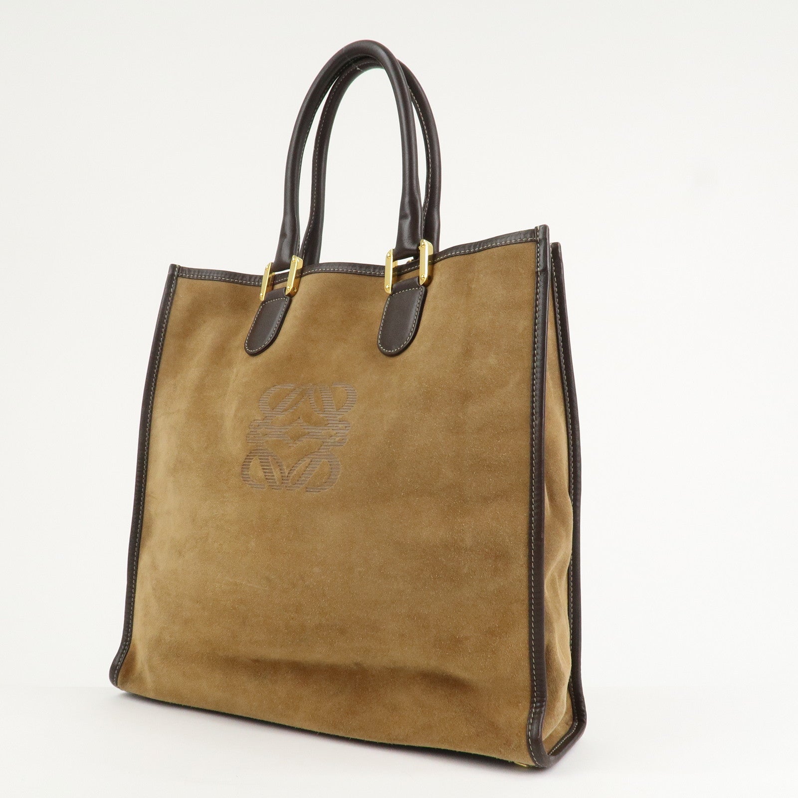 LOEWE Anagram Leather Suede Tote Bag Hand Bag Brown Beige