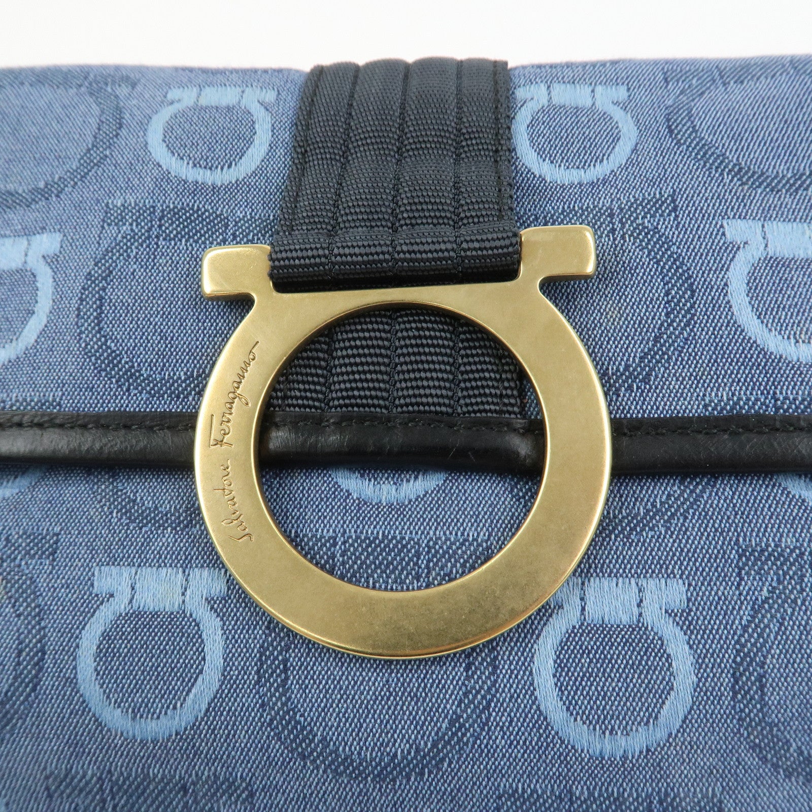 Ferragamo Gancini Canvas Leather Shoulder Bag Blue Black