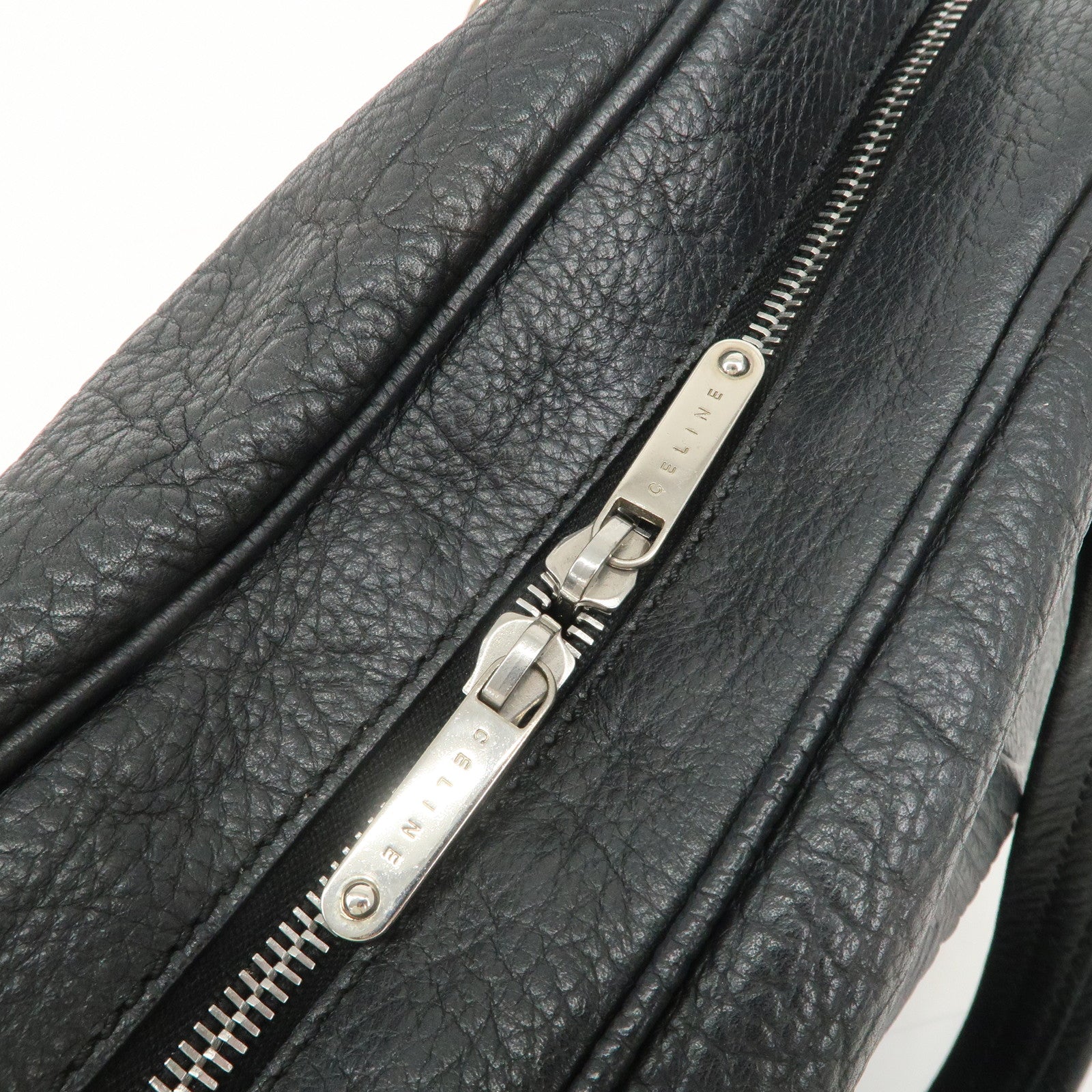 CELINE Leather Boston Bag Hand Bag Black Silver Hardware Used