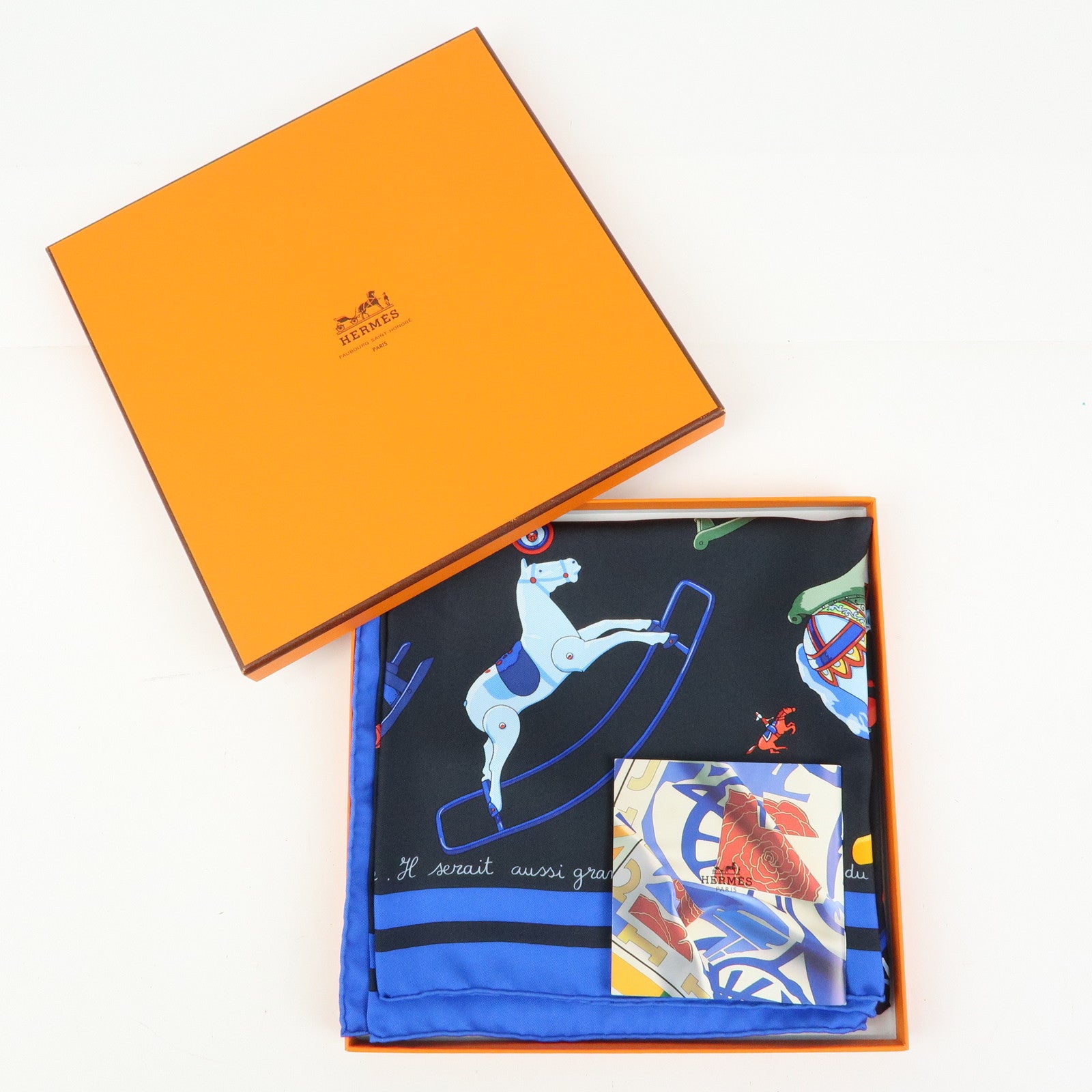 HERMES Carre 90 Silk 100% Scarf Raconte Moi le Cheval Black Blue