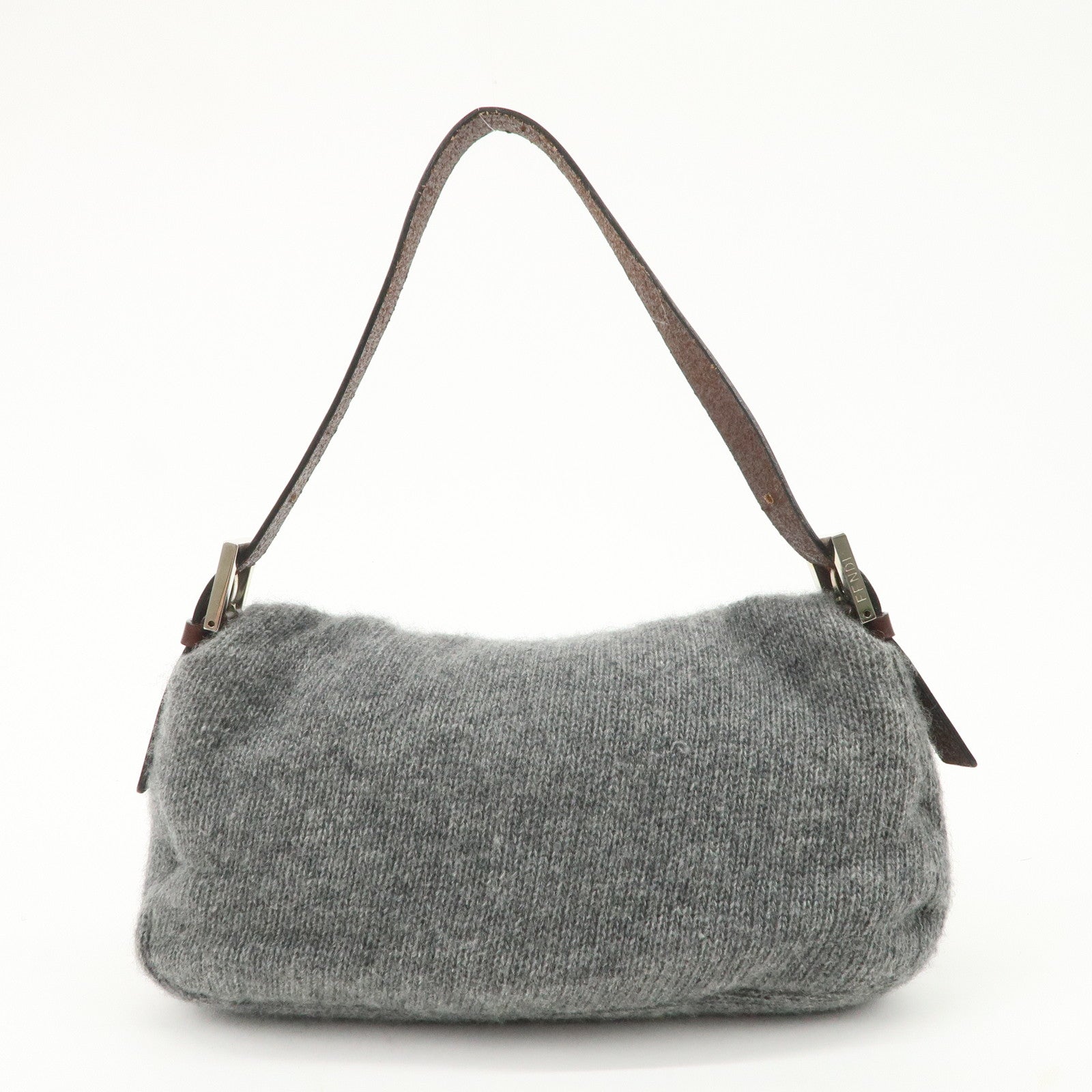 FENDI Mamma Baguette Wool Leather Shoulder Bag Brown Gray 26424