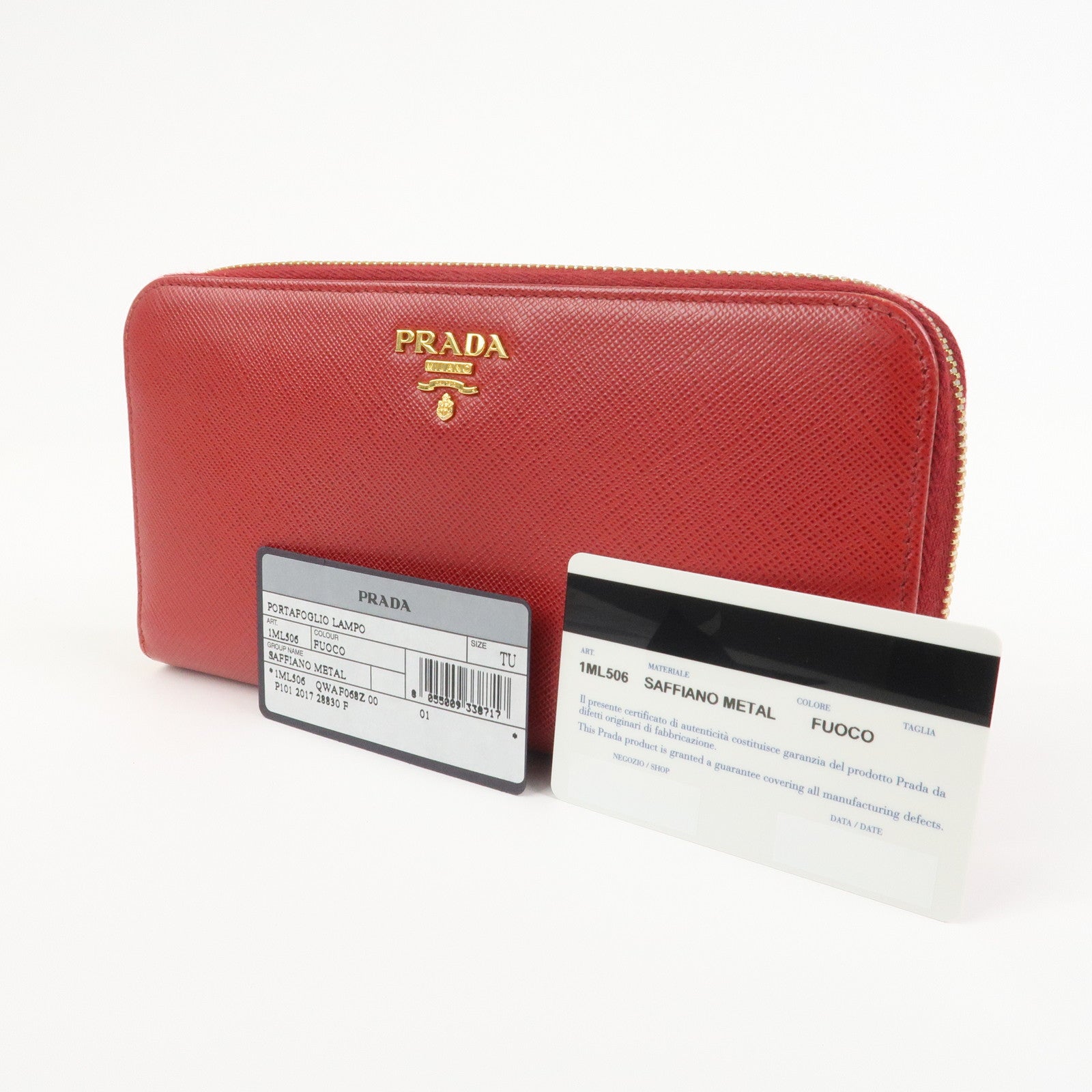 PRADA Logo Saffiano Leather Round Zippy Long Wallet Red 1ML506