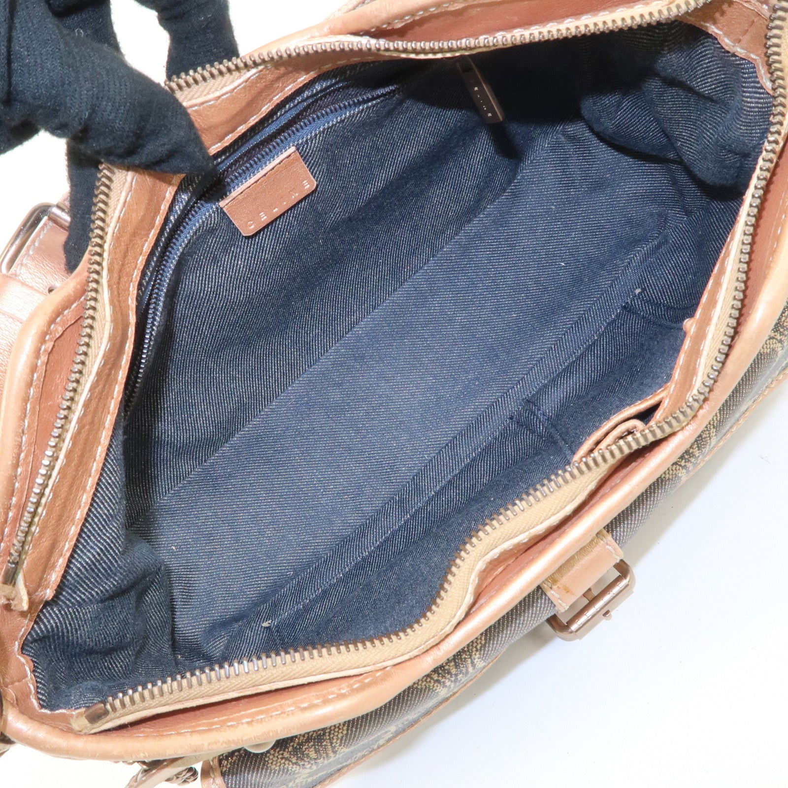 CELINE Macadam Leather Denim Shoulder Bag Hand Bag Beige Navy Used