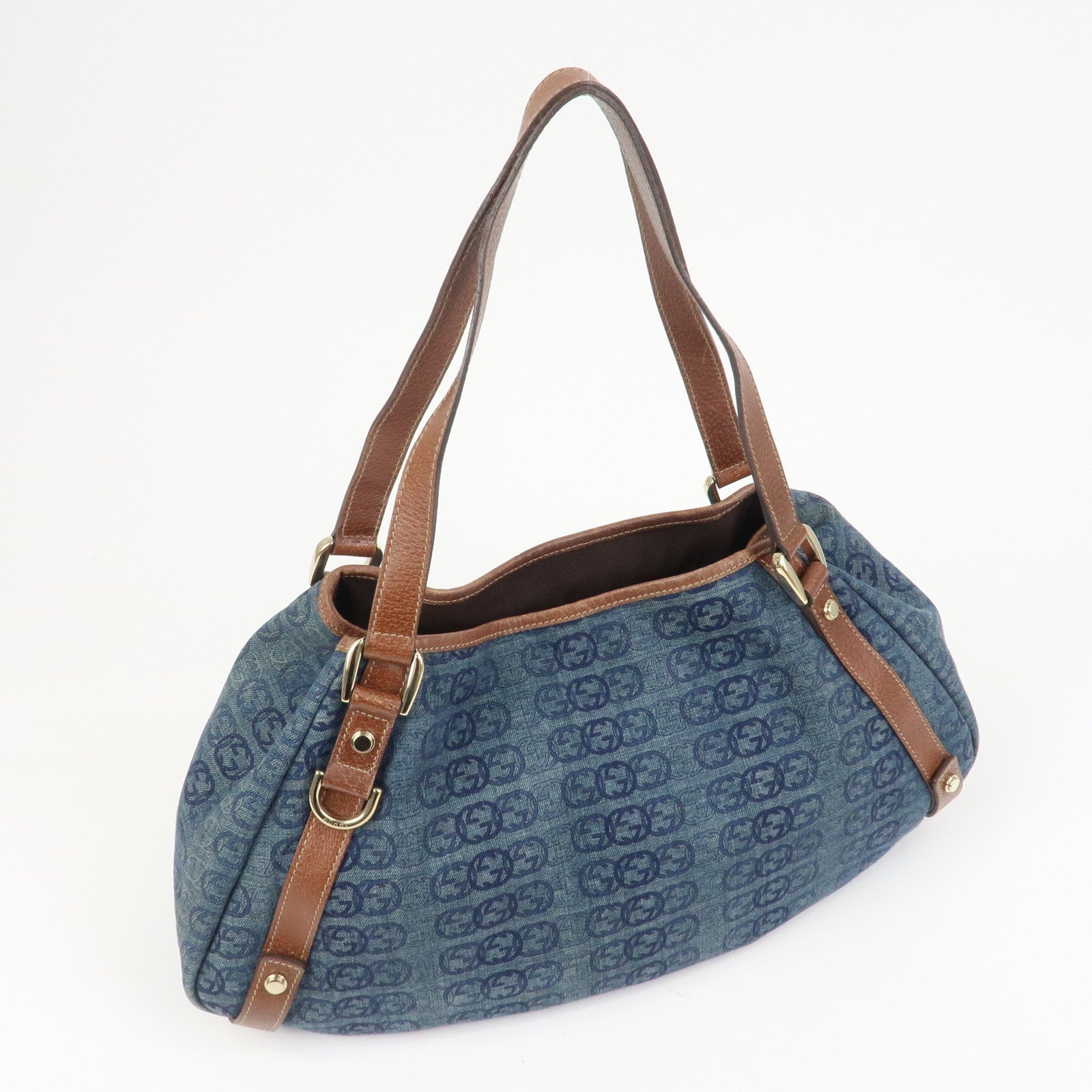 GUCCI Abbey Logo GG Denim Leather Tote Hand Bag Blue Brown 130736