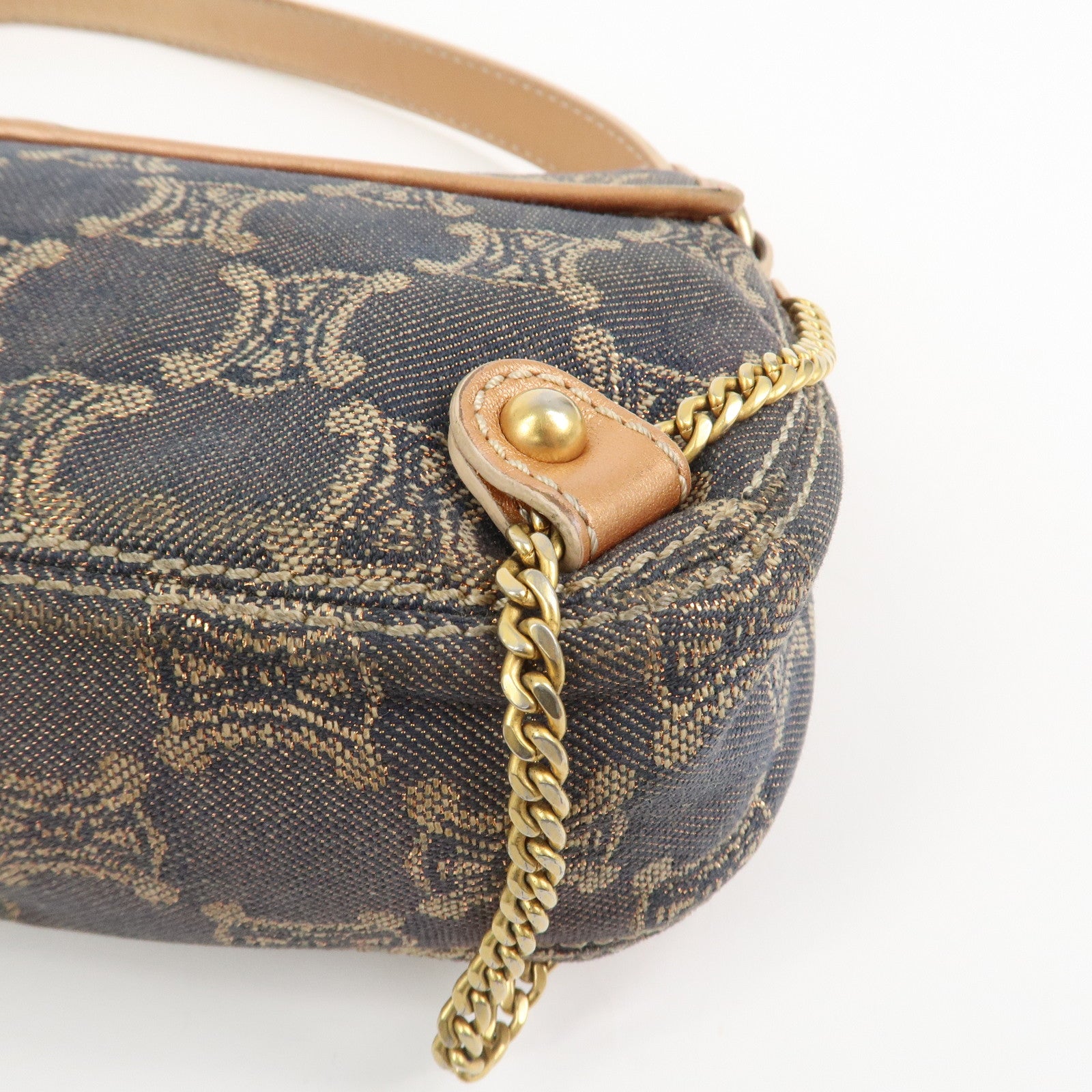 CELINE Macadam Denim Leather Shoulder Bag Hand Bag Light Brown