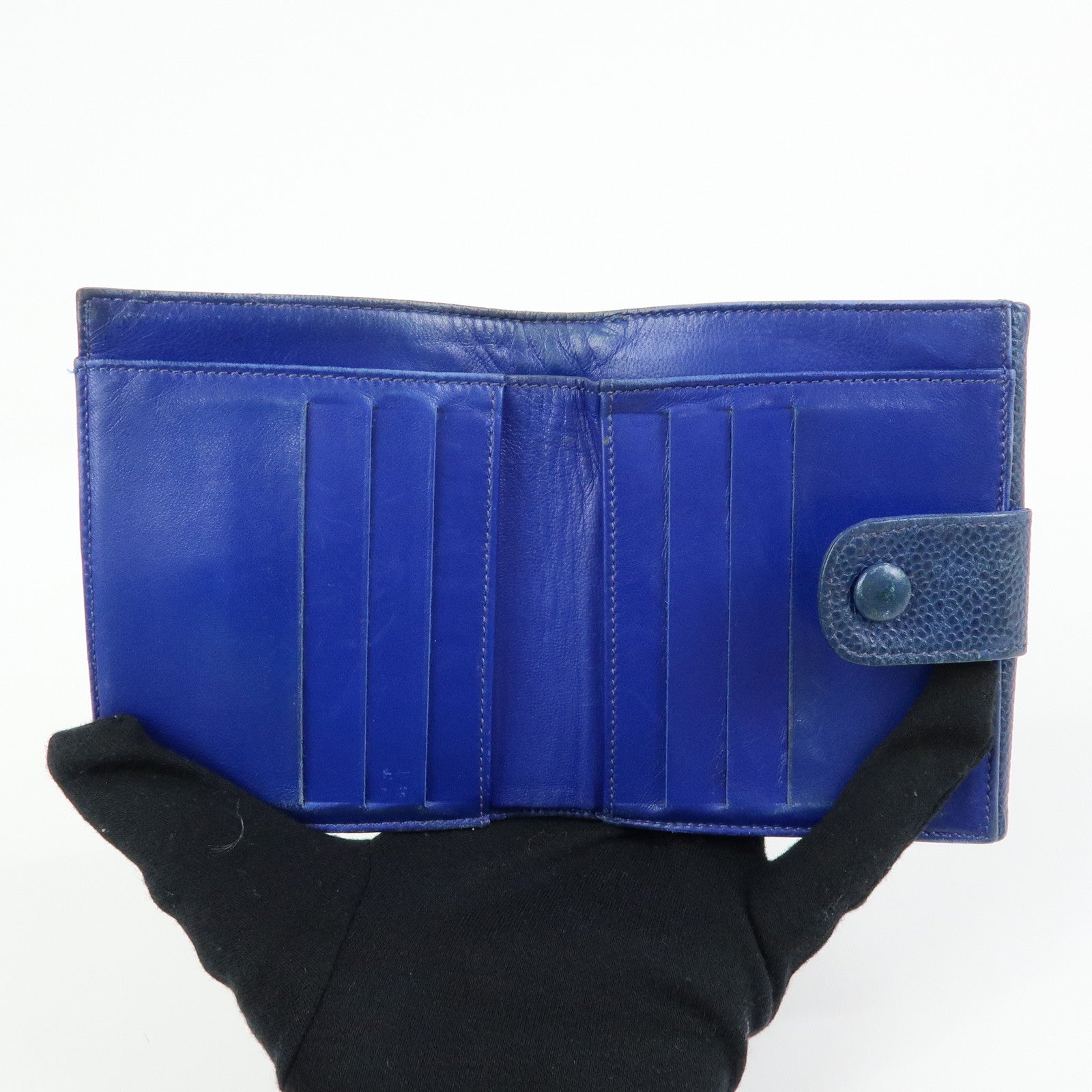 CHANEL COCO Mark Caviarskin W Hook Compact Wallet Navy A01427