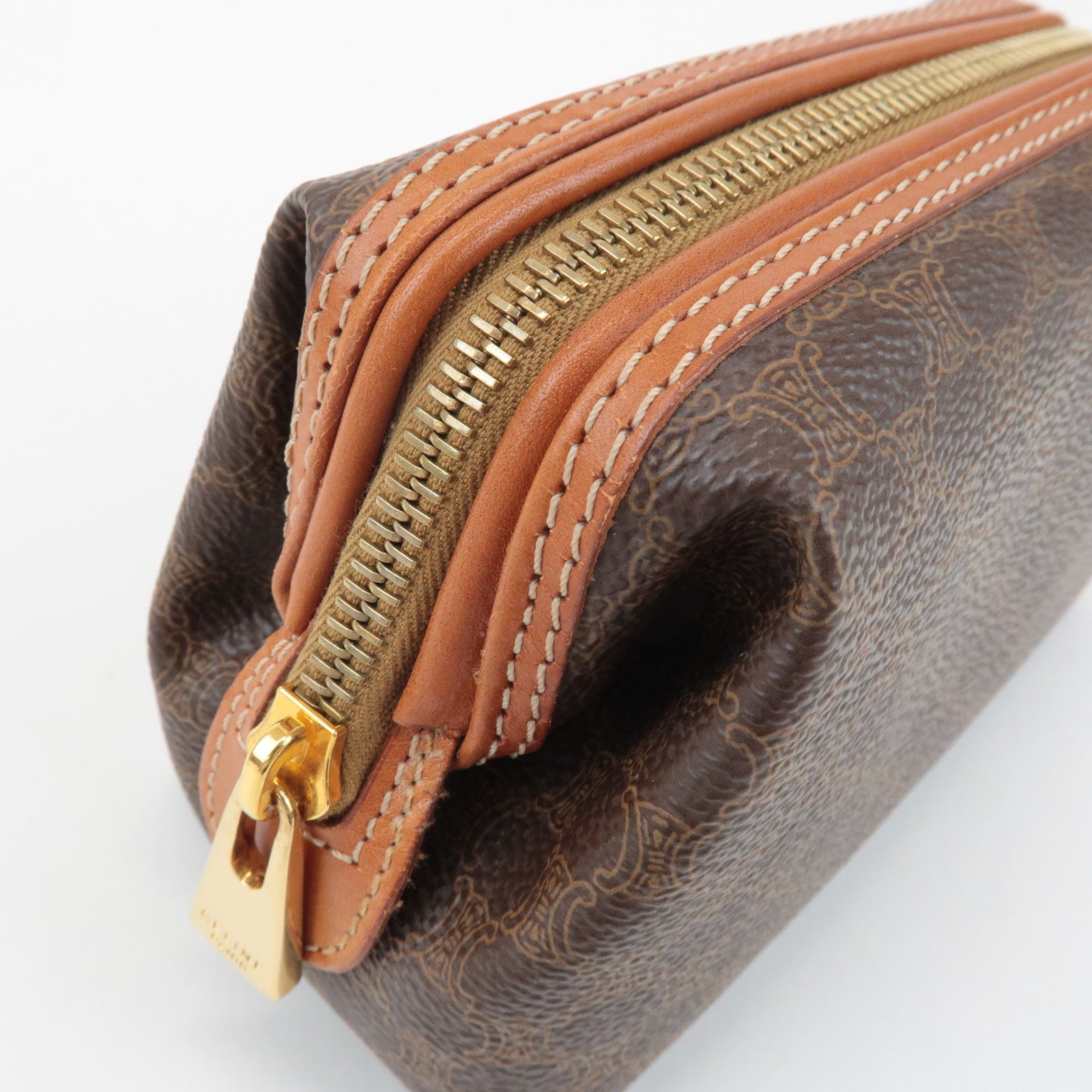 CELINE Macadam PVC Leather Canvas Pouch Brown Gold Hardware