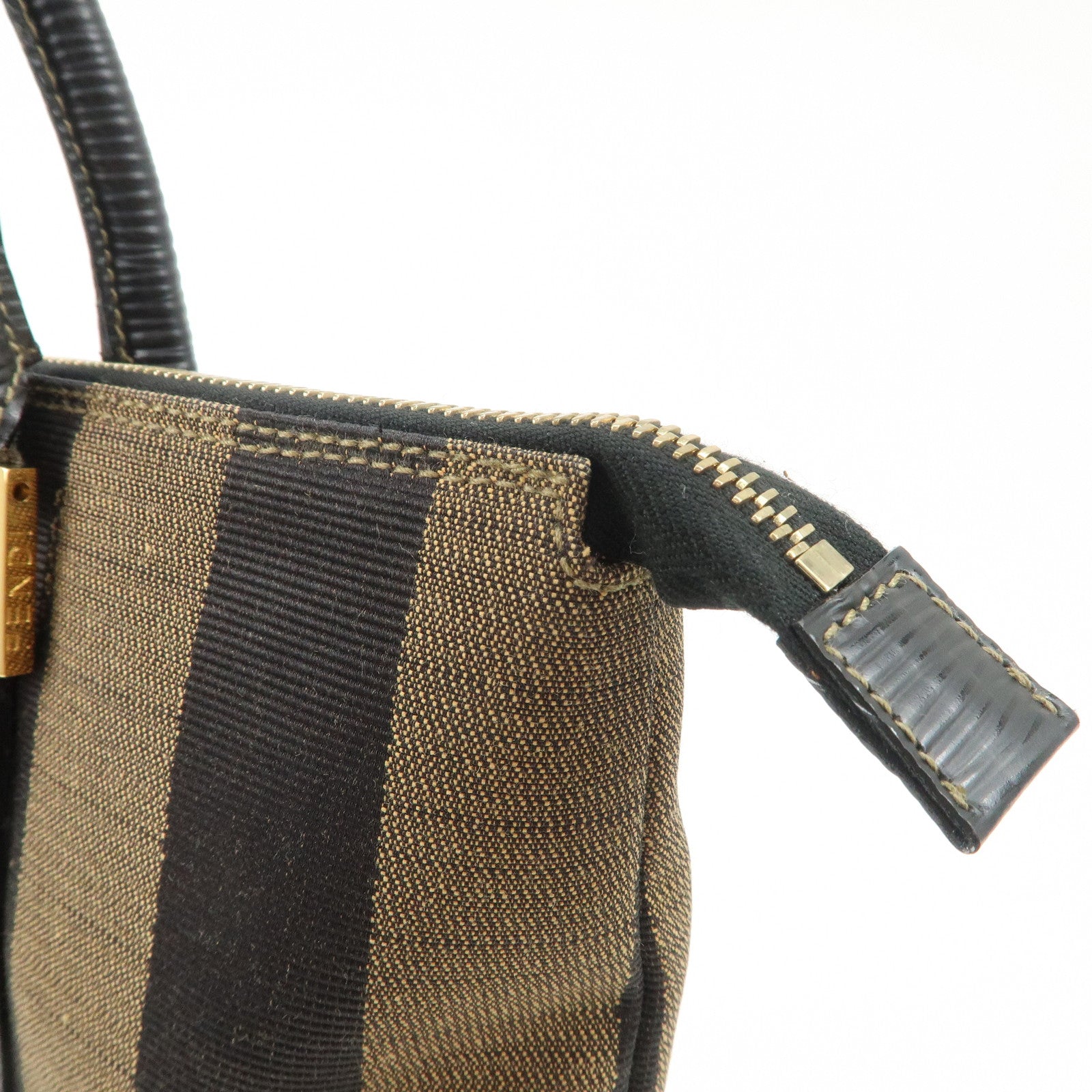 FENDI Pequin Canvas Leather Hand Bag Tote Bag Black Brown