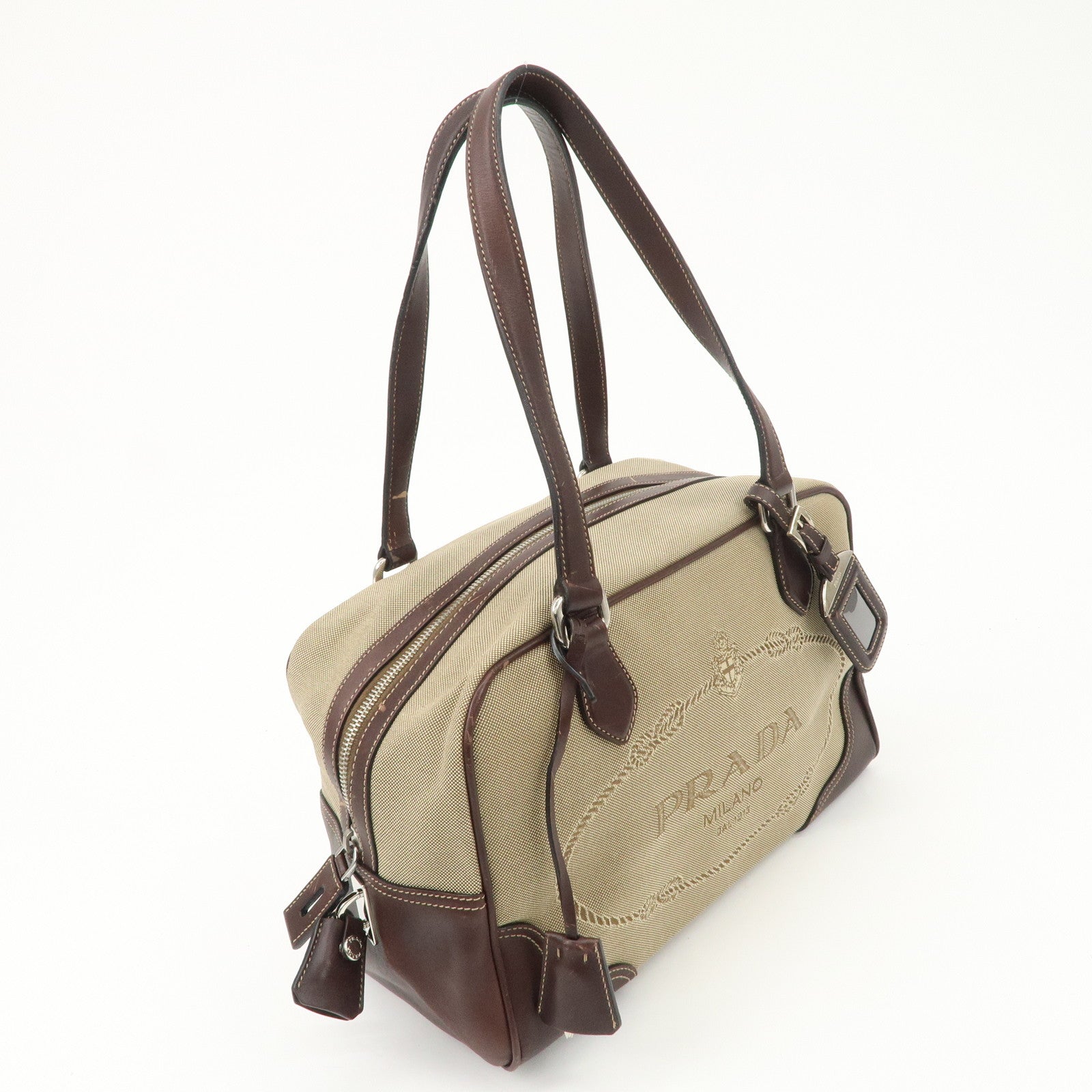 PRADA Logo Jacquard Leather Boston Bag Shoulder Bag Beige BL0260 Used