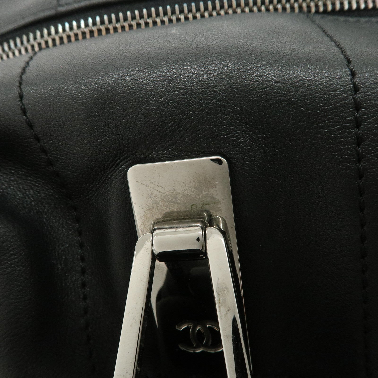 CHANEL Chocolate Bar Lamb Skin Mini Boston Bag Hand Bag Black