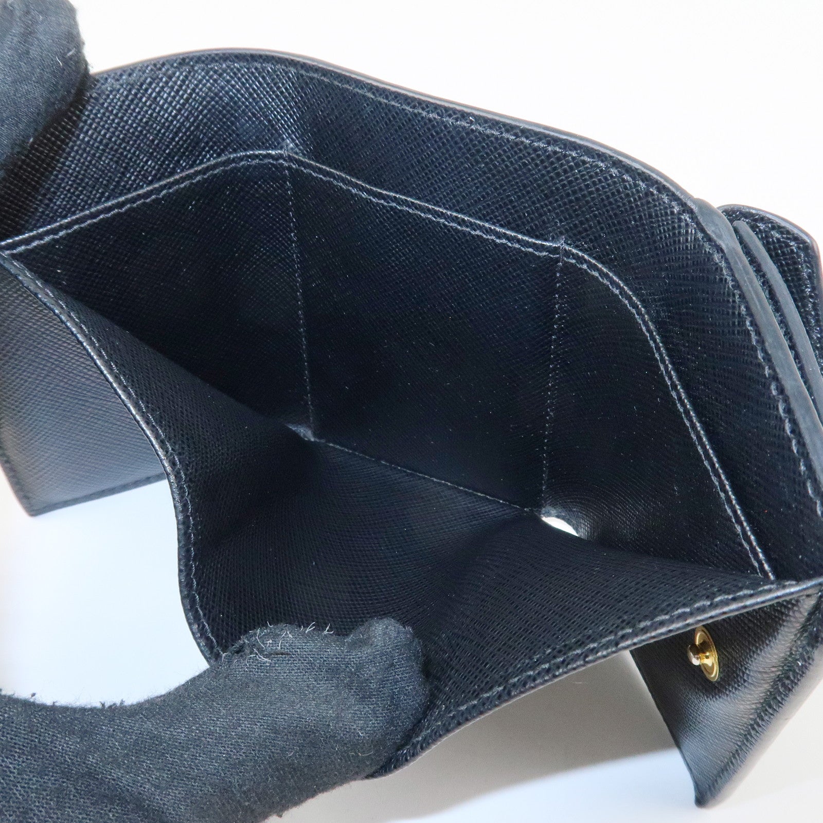 PRADA Saffiano Leather Tri-fold Wallet Black Gold Hardware 1MH021 Used