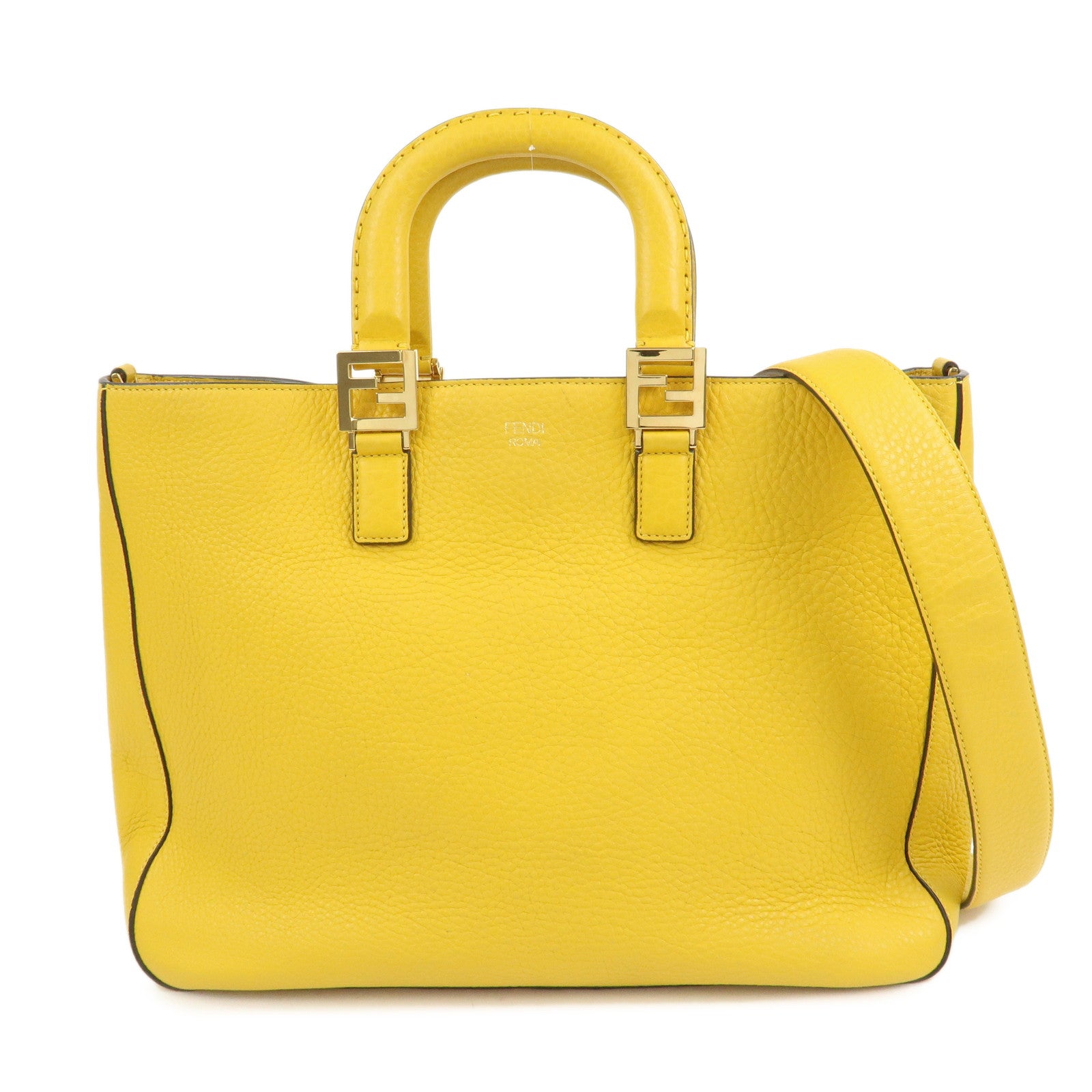 FENDI Selleria Leather 2Way Hand Tote Shoulder Bag Yellow 8BH368