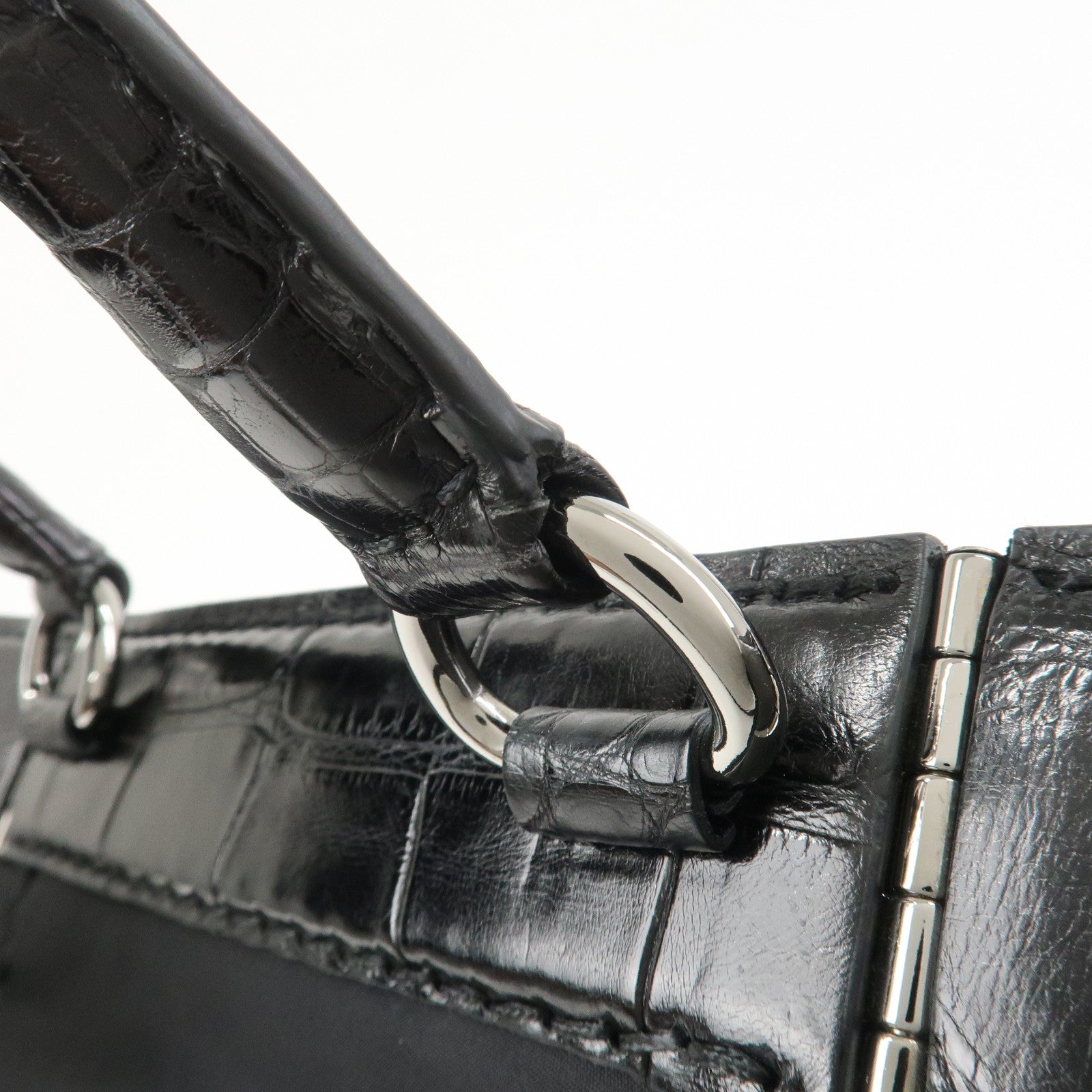 PRADA Triangle Logo Nylon Embossed Leather Hand Bag Black