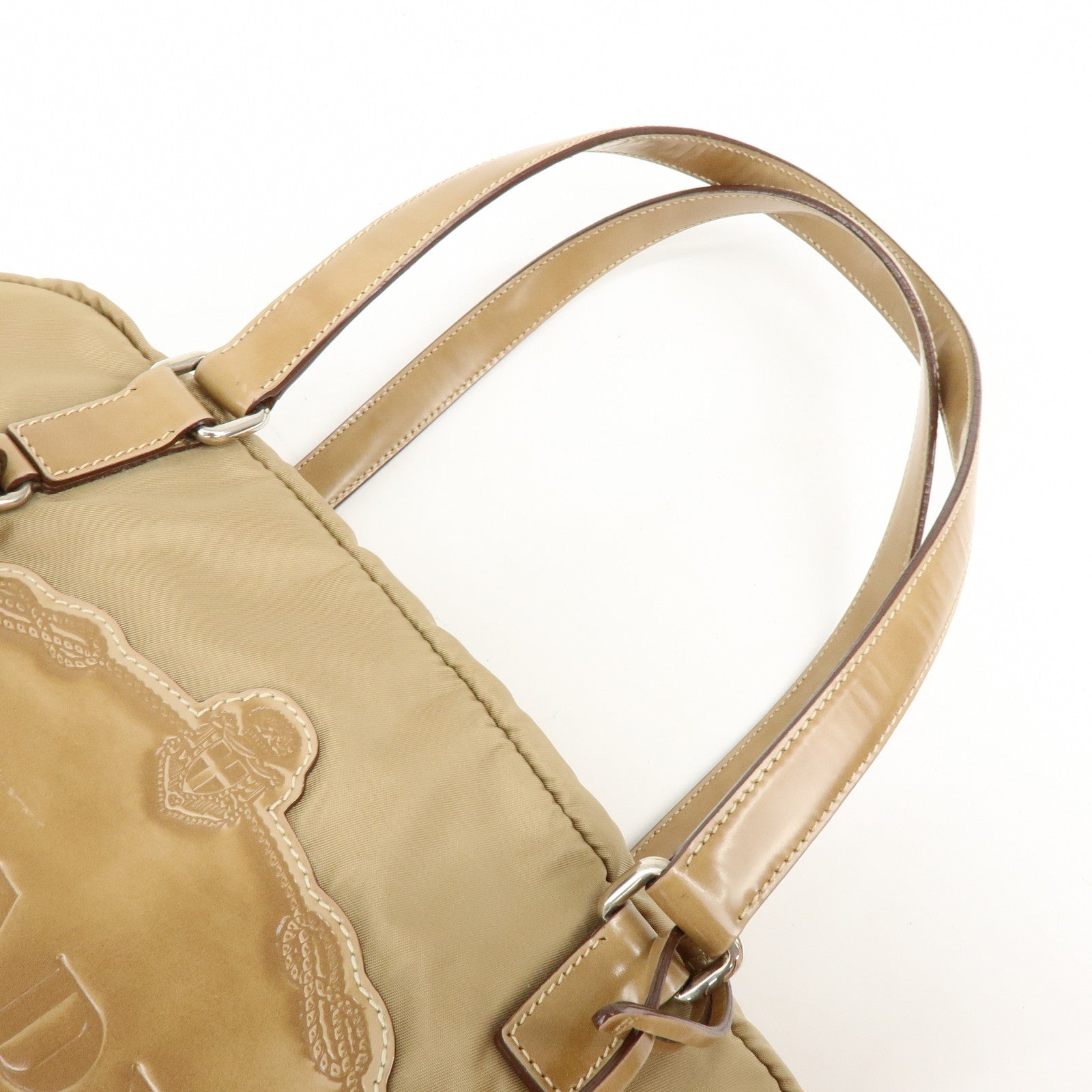 PRADA Logo Nylon Leather Shoulder Bag Boston Bag Beige BR3150