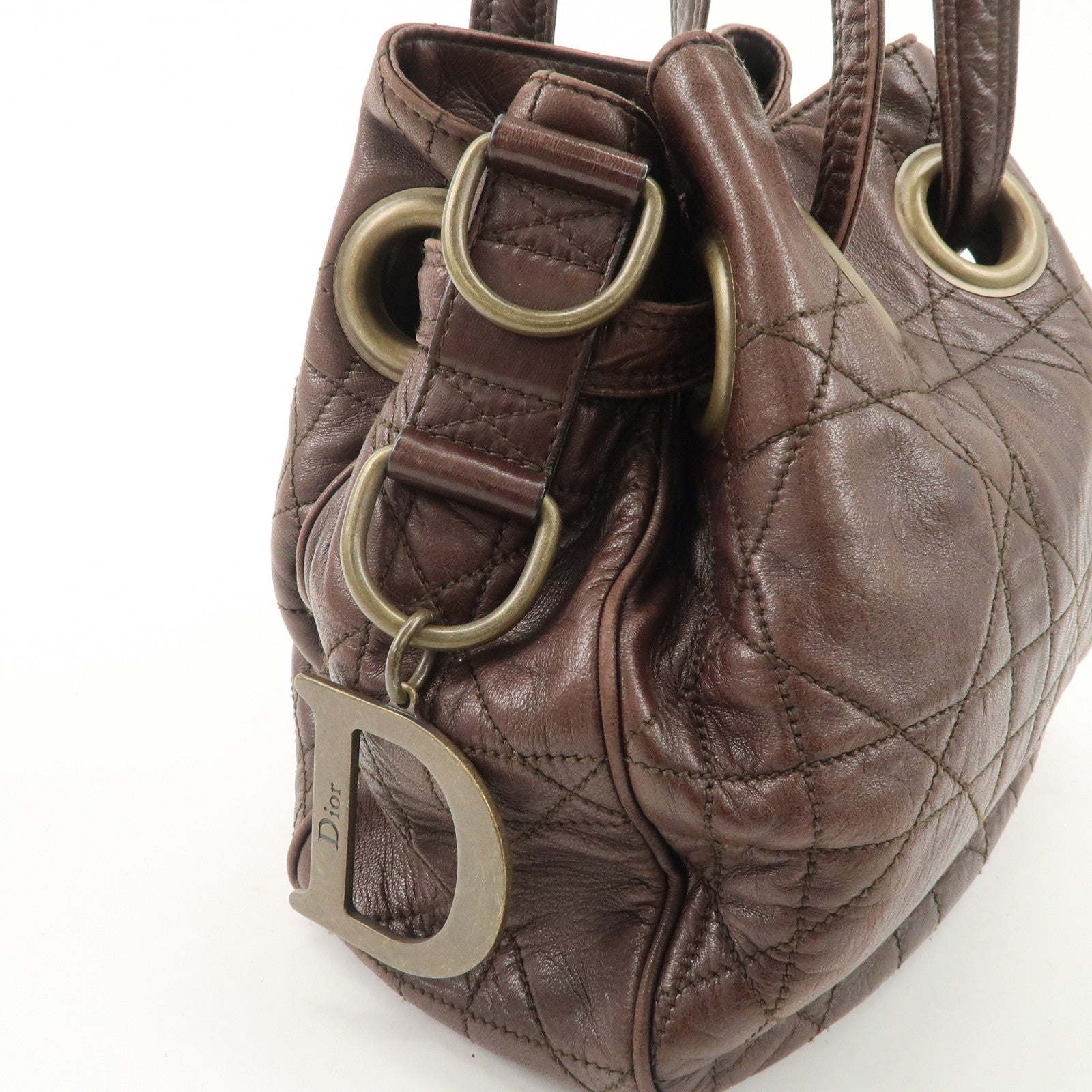 Christian Dior Canage Leather Shoulder Bag Dark Brown Gold Hardware Used