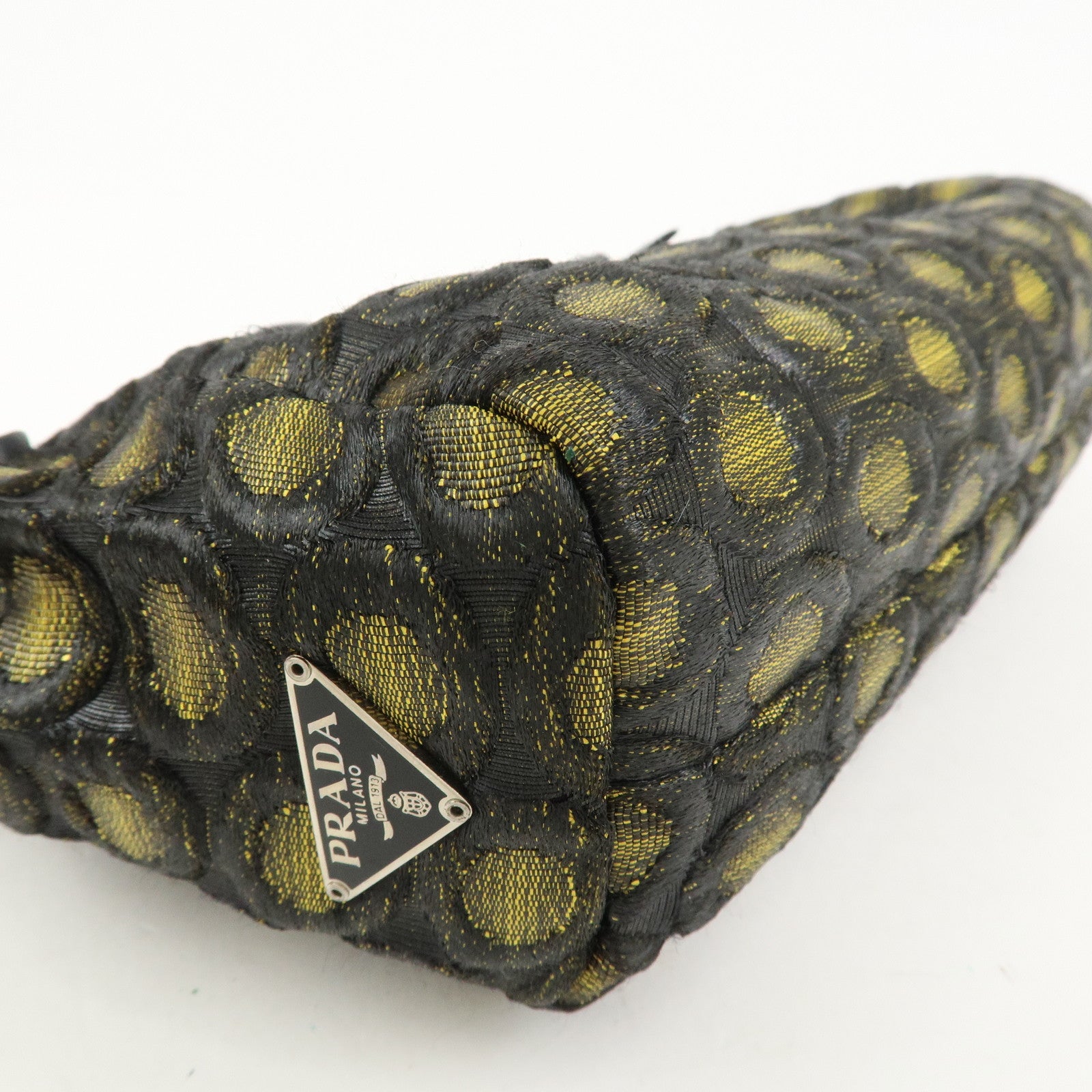 PRADA Triangle Logo Nylon Leather Ribbon Hand Bag Black Yellow