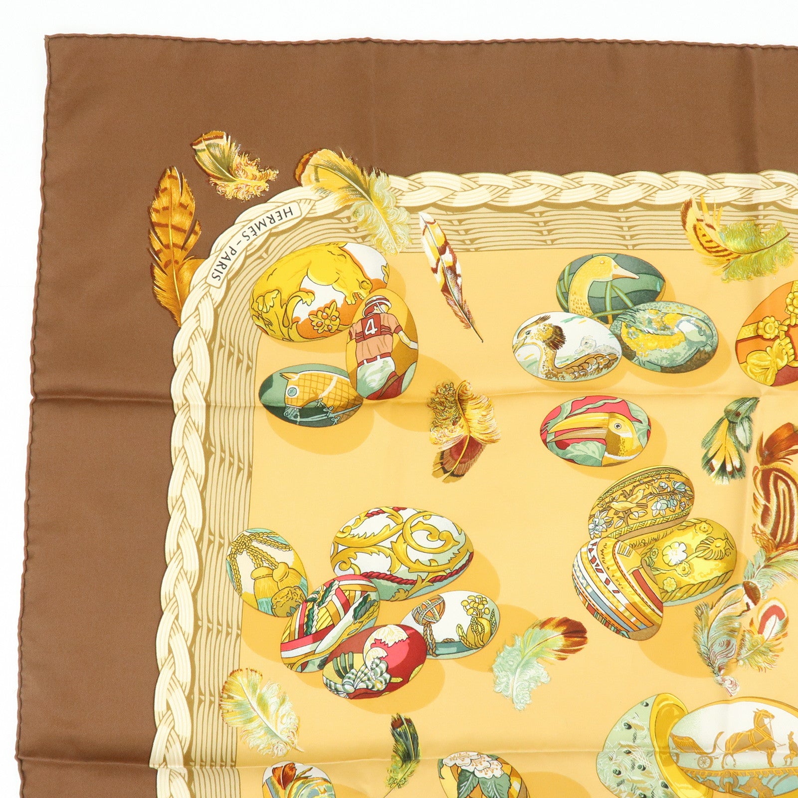 HERMES Carre 90 Silk 100% Scarf COUVEE D HERMES Brown Yellow