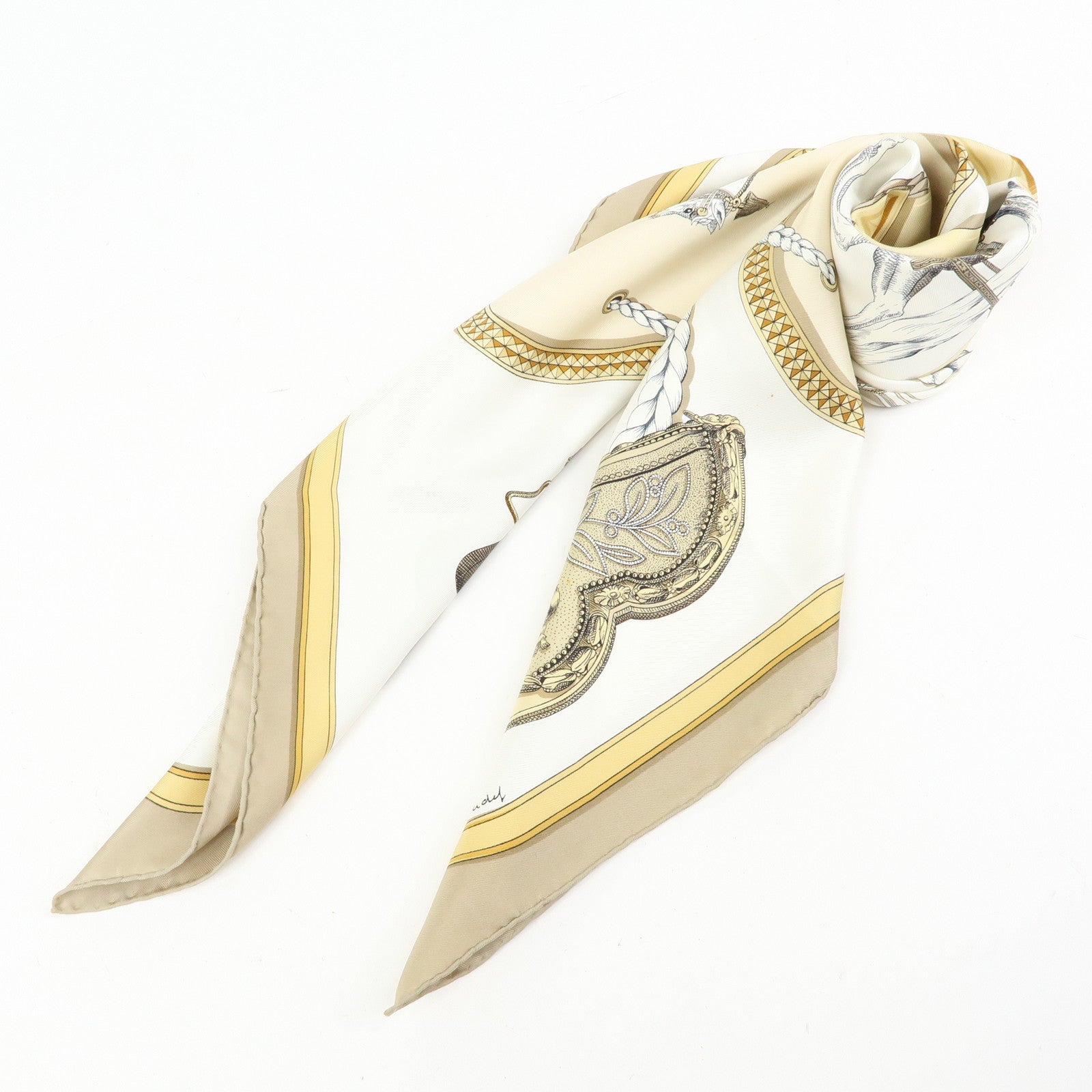 HERMES Carre 90 Silk 100% Scarf GRAND APPARAT White Beige