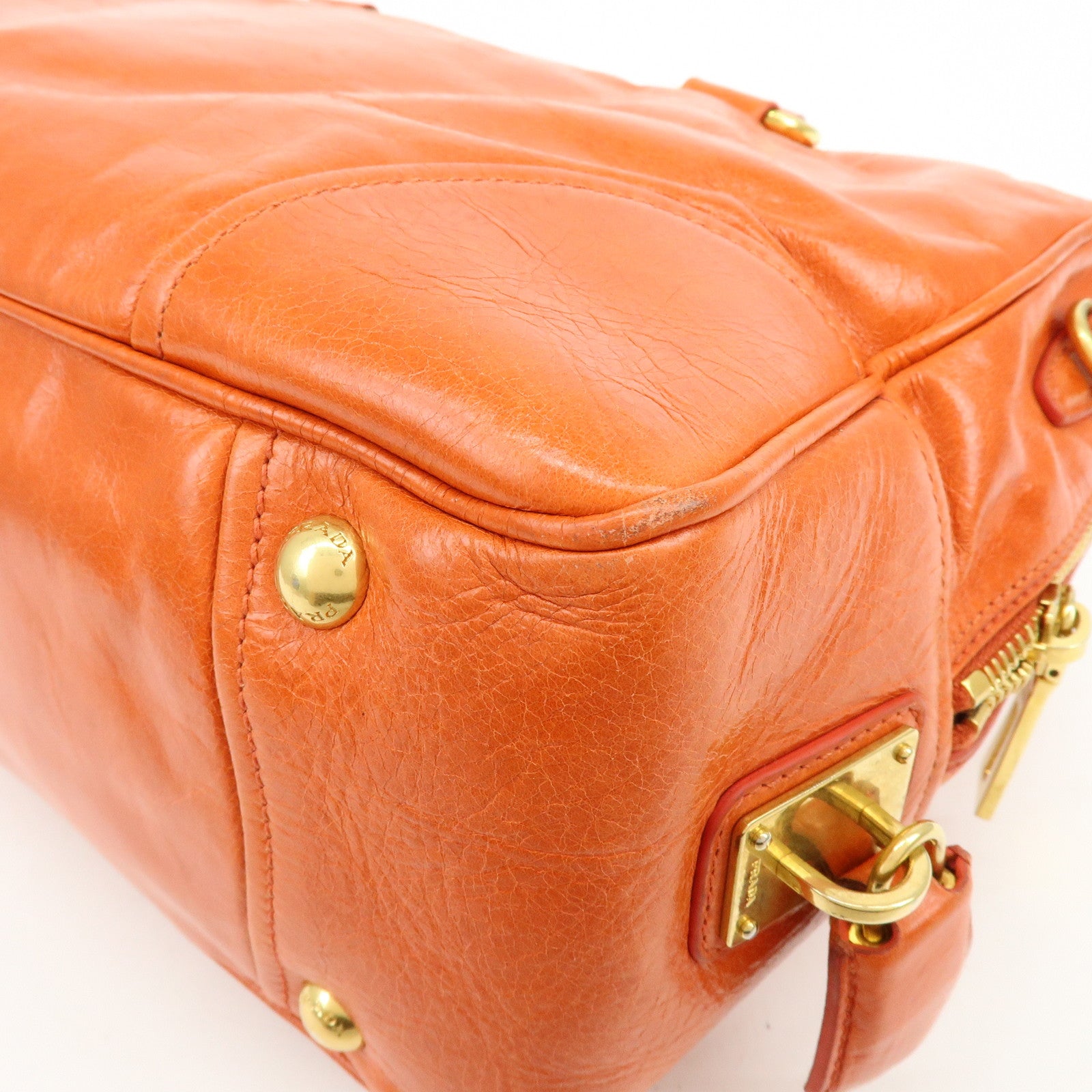 PRADA Logo Leather Boston Bag Hand Bag Shoulder Bag Orange BL0821