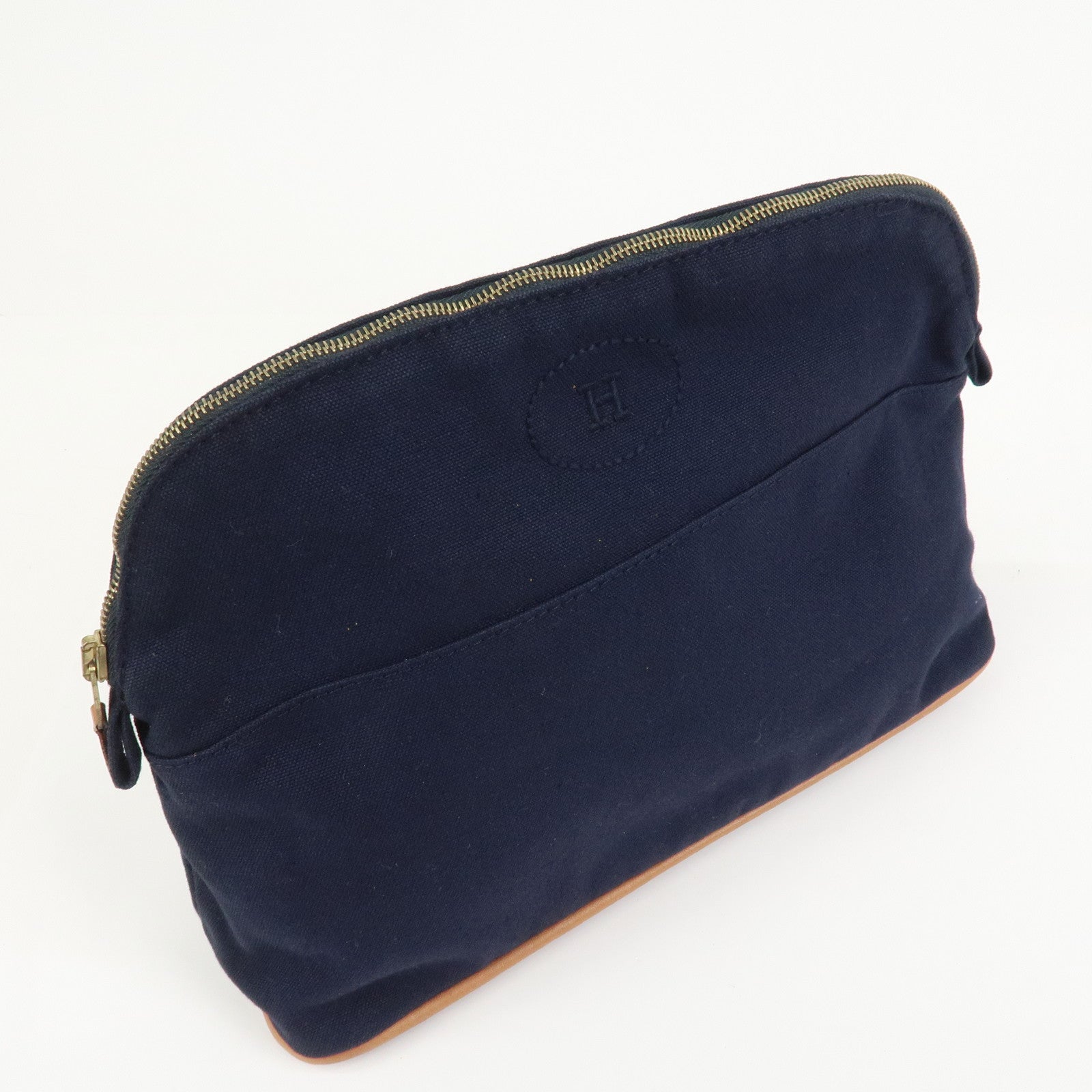 HERMES Canvas Leather Bolide Pouch MM Cosmetic Pouch Navy