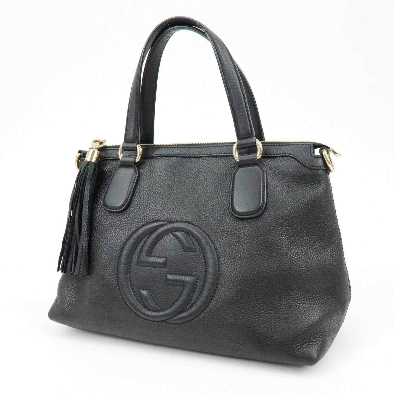 GUCCI SOHO Interlocking G Leather Tote Bag Hand Bag Black 308362