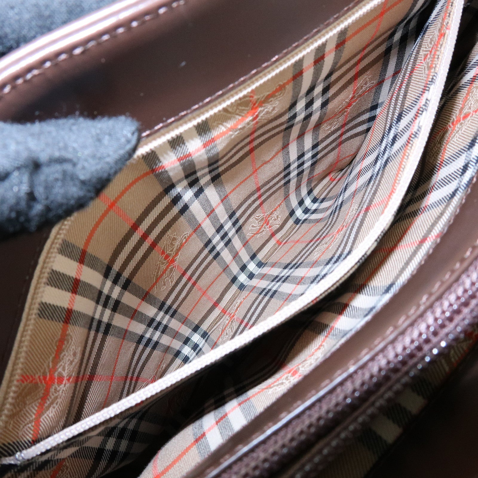 BURBERRY Nova Plaid Leather Hand Bag Tote Bag Brown