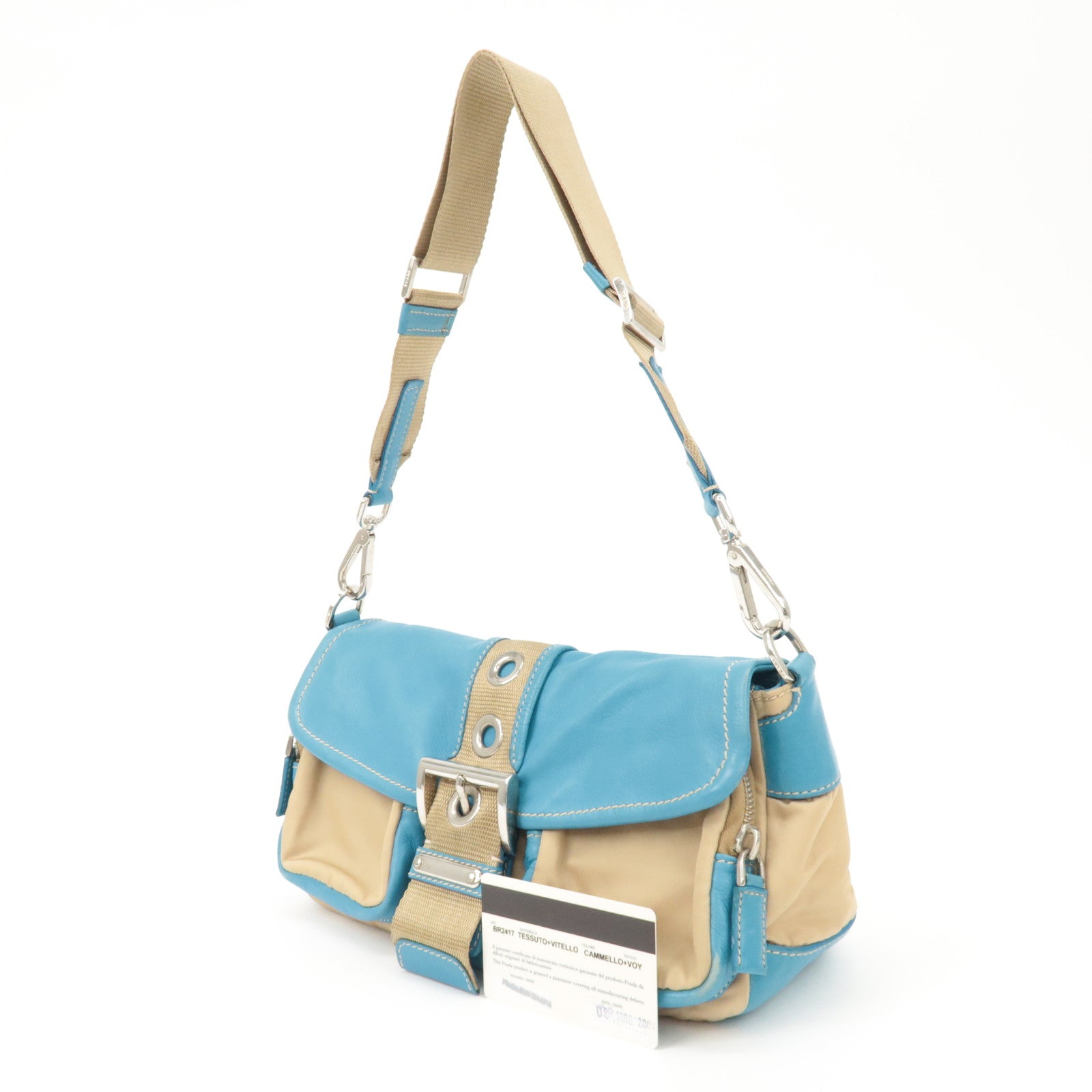 PRADA Nylon Leather Shoulder Bag Crossbody Bag Blue Beige BR2417 Used